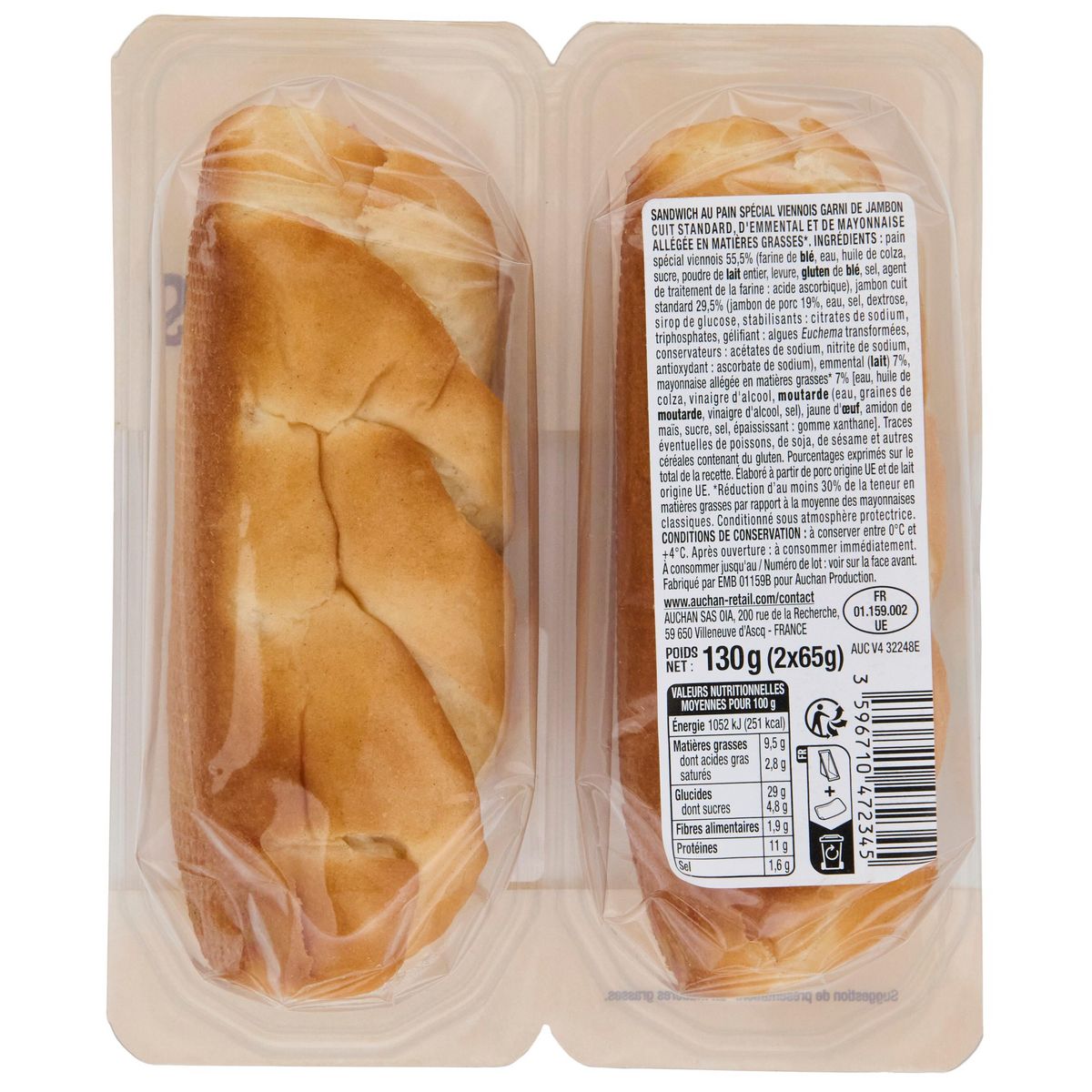 AUCHAN Mini sandwich viennois au jambon emmental et mayonnaise allégée 2 pièces 130g