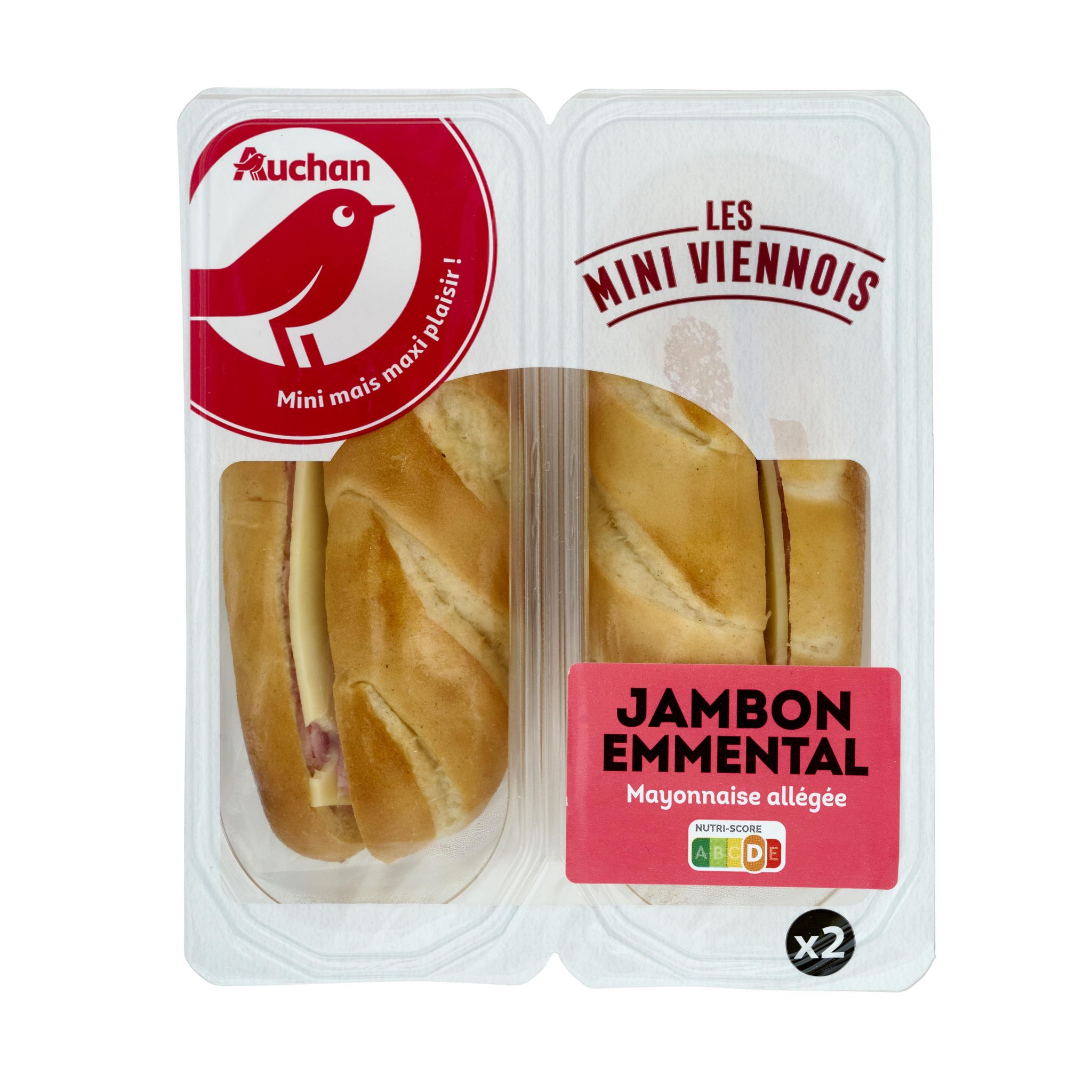 Voir la diapositive 3 : AUCHAN Mini sandwich viennois au jambon emmental et mayonnaise allégée 2 pièces 130g
