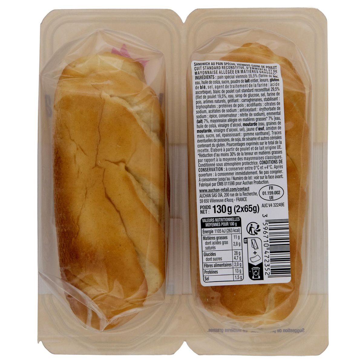 AUCHAN Mini sandwichs Viennois au poulet emmental 2 pièces 130g