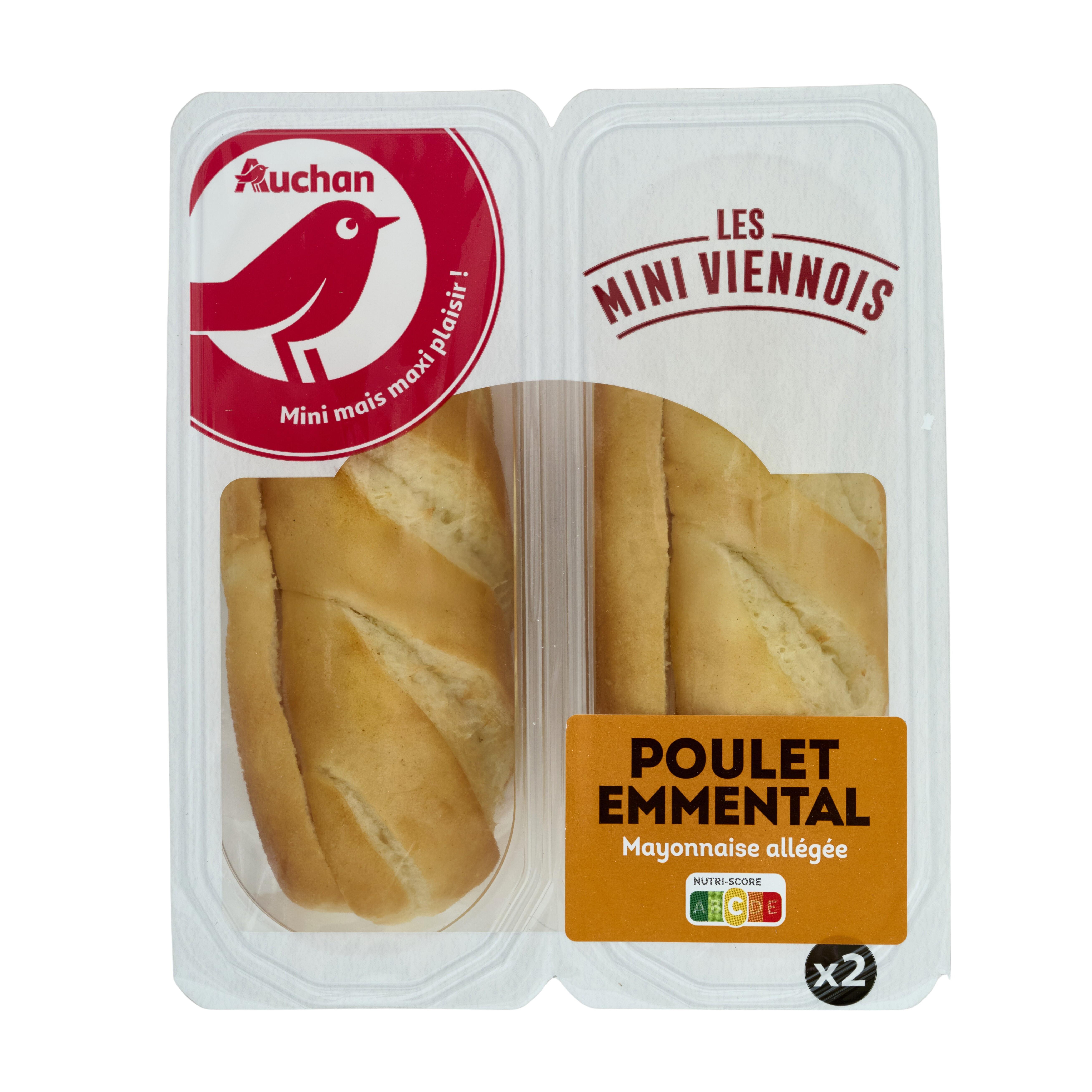 Voir la diapositive 3 : AUCHAN Mini sandwichs Viennois au poulet emmental 2 pièces 130g