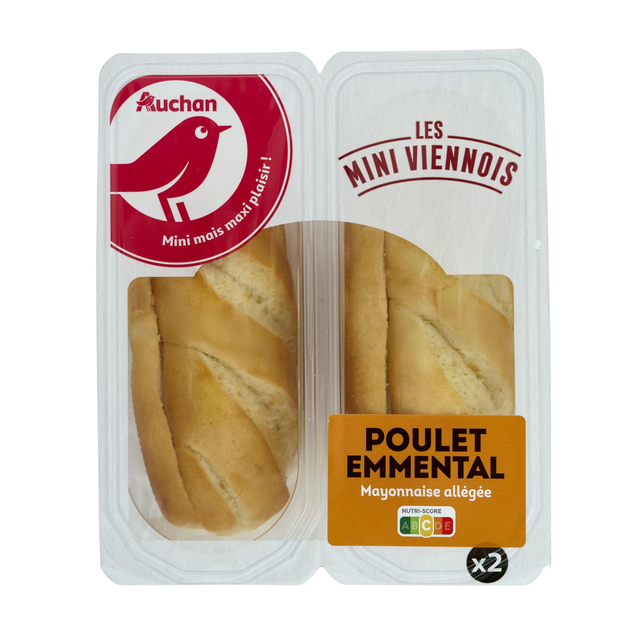 Voir la diapositive 3 : AUCHAN Mini sandwichs Viennois au poulet emmental 2 pièces 130g