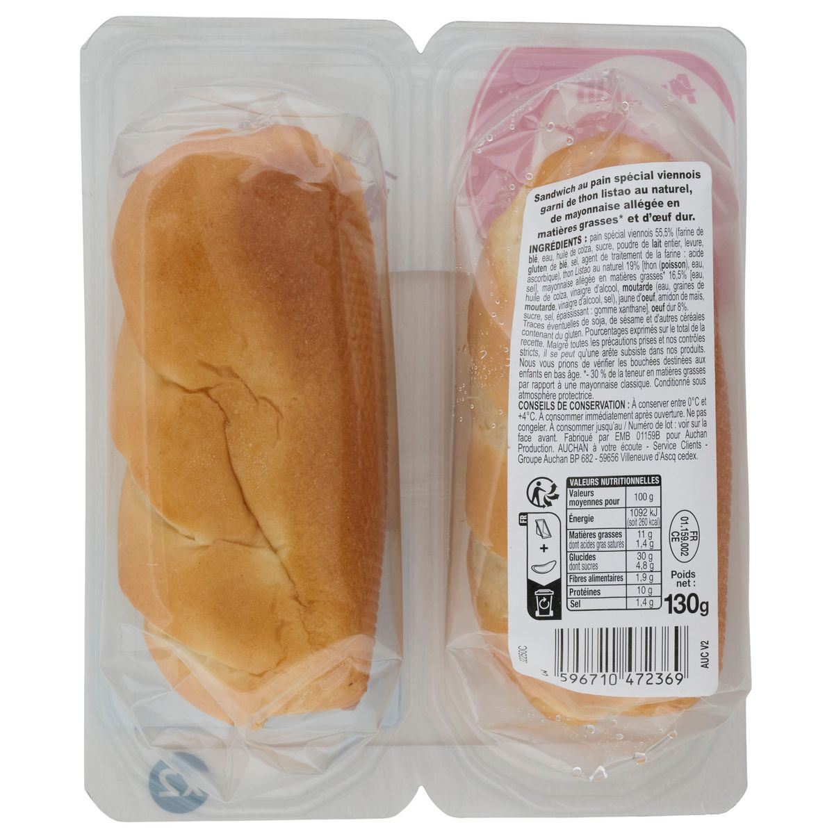AUCHAN Mini sandwich viennois thon oeuf mayonnaise allégée 2 pièces 130g