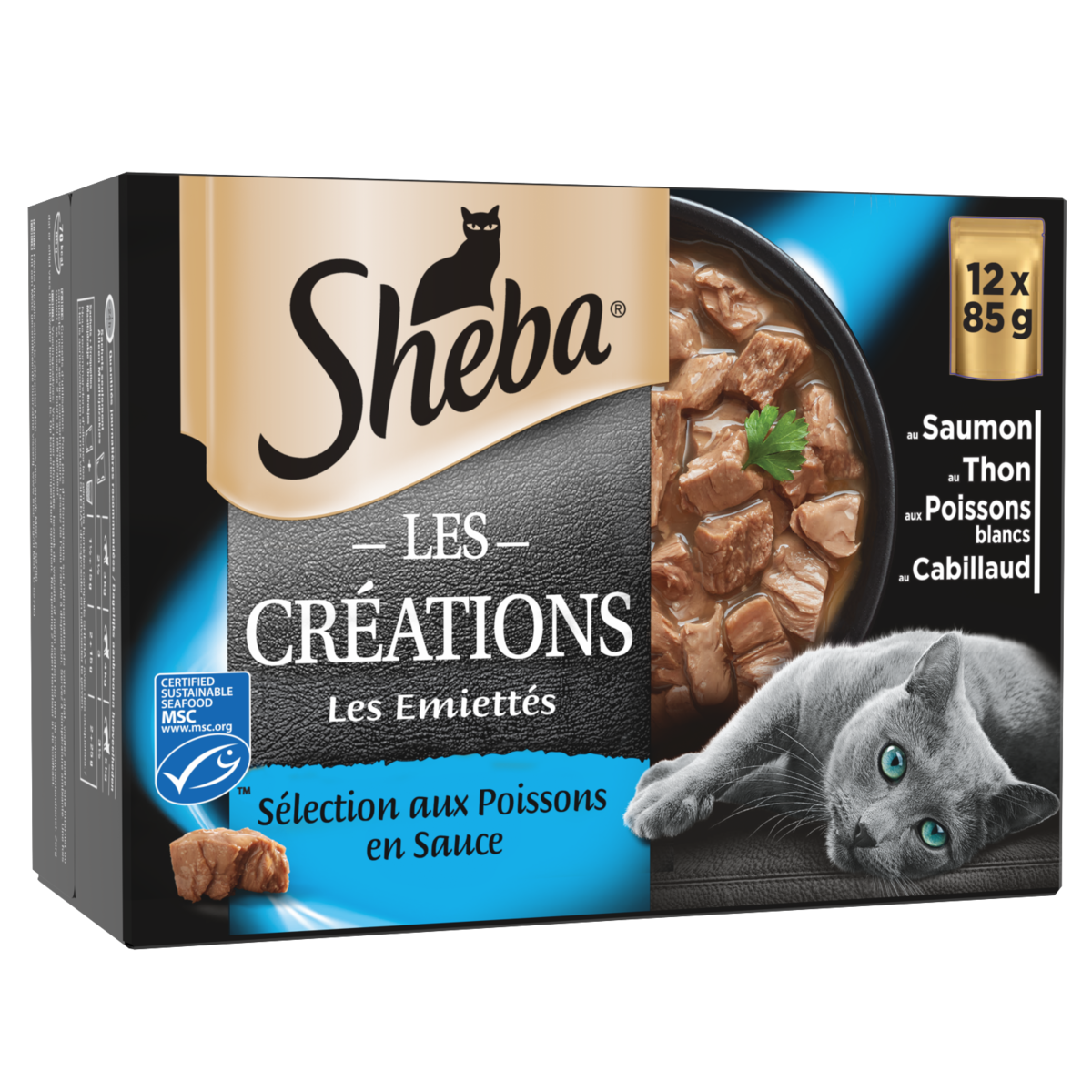 SHEBA Sachets repas les émiettés pâtée en sauce poissons pour chat 12x85g