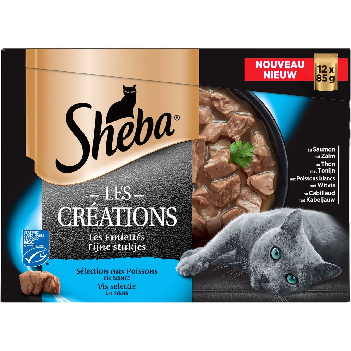 SHEBA Sachets repas les émiettés pâtée en sauce poissons pour chat 12x85g