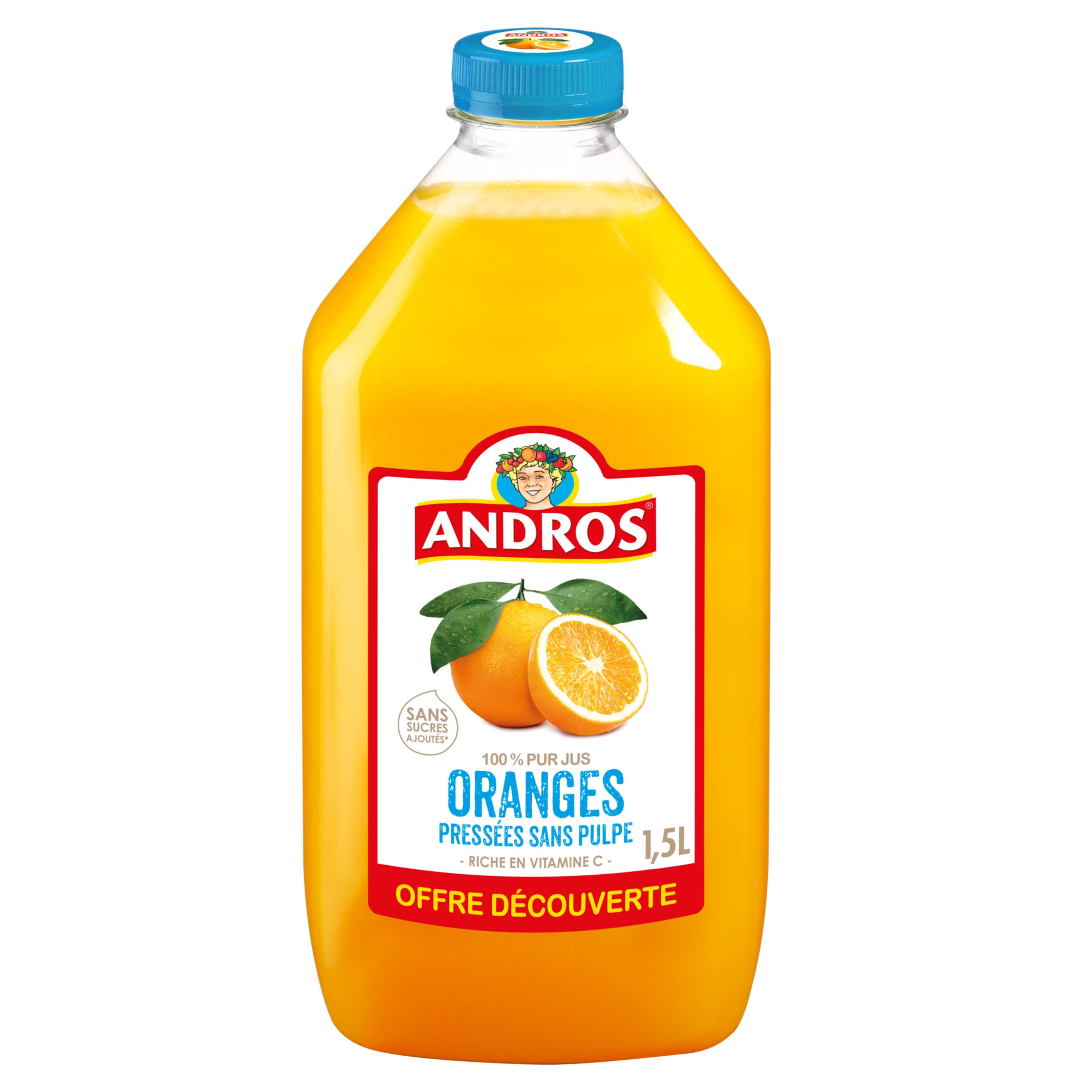 Voir la diapositive 2 : ANDROS 100% pur jus oranges pressées sans pulpe offre découverte 1,5l