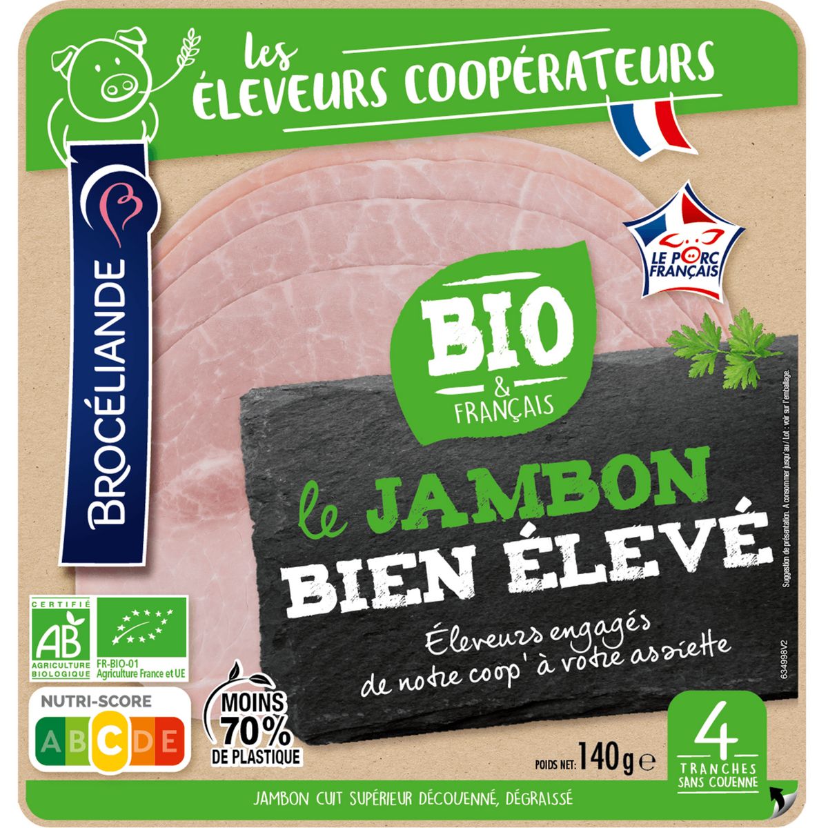 BROCELIANDE Jambon bio Bien elevé sans couenne 4 tranches 140g