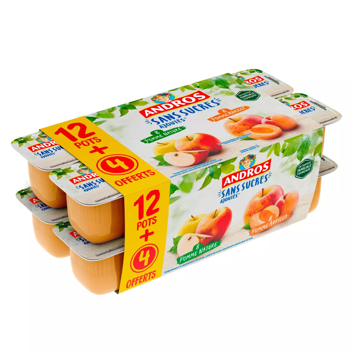 ANDROS Spécialité pomme nature et pomme abricot sans sucres ajoutés 12+4 offertes 16x100g