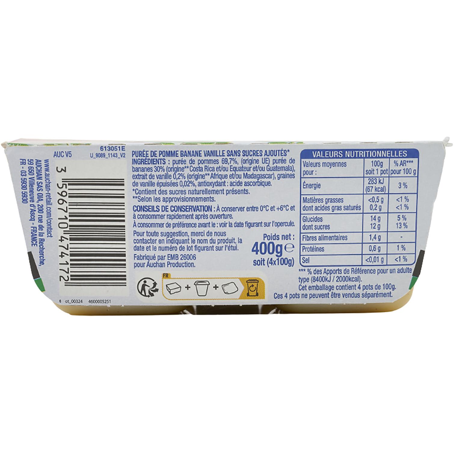 Voir la diapositive 2 : AUCHAN Spécialité pomme banane vanille sans sucres ajoutés 4x100g
