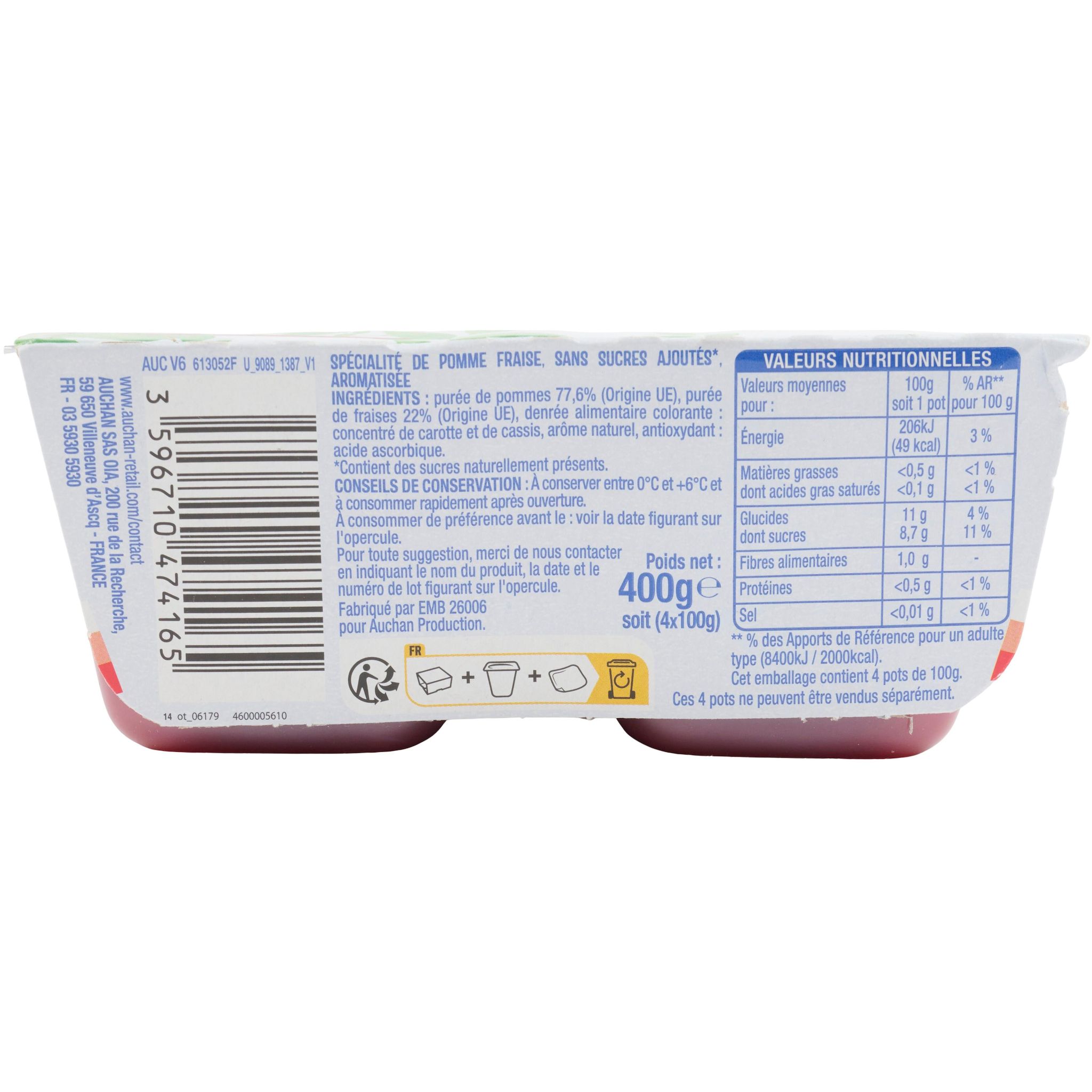 Voir la diapositive 2 : AUCHAN Spécialité pomme fraise sans sucres ajoutés 4x100g