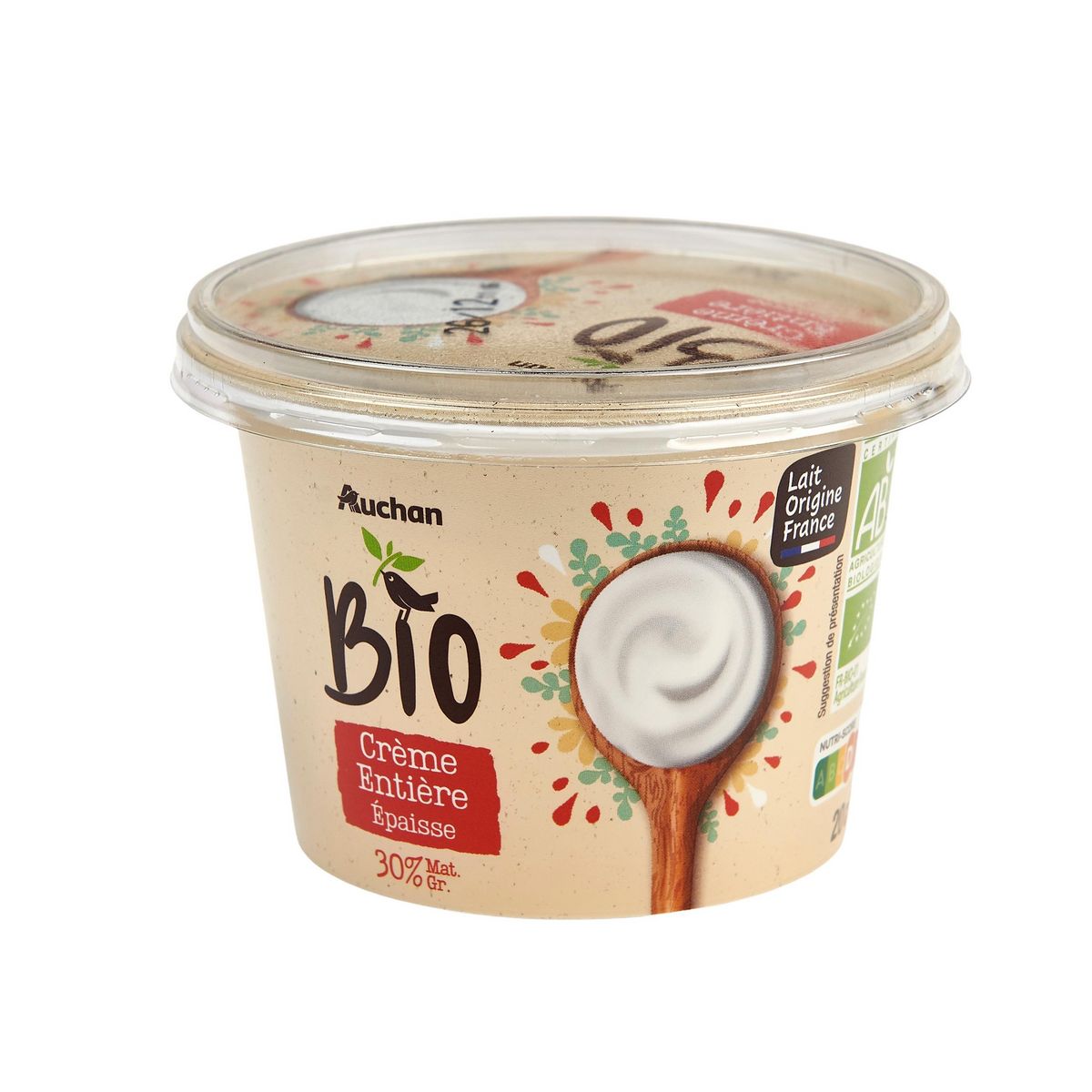 AUCHAN BIO Crème fraîche épaisse légère entière 30%MG 20cl