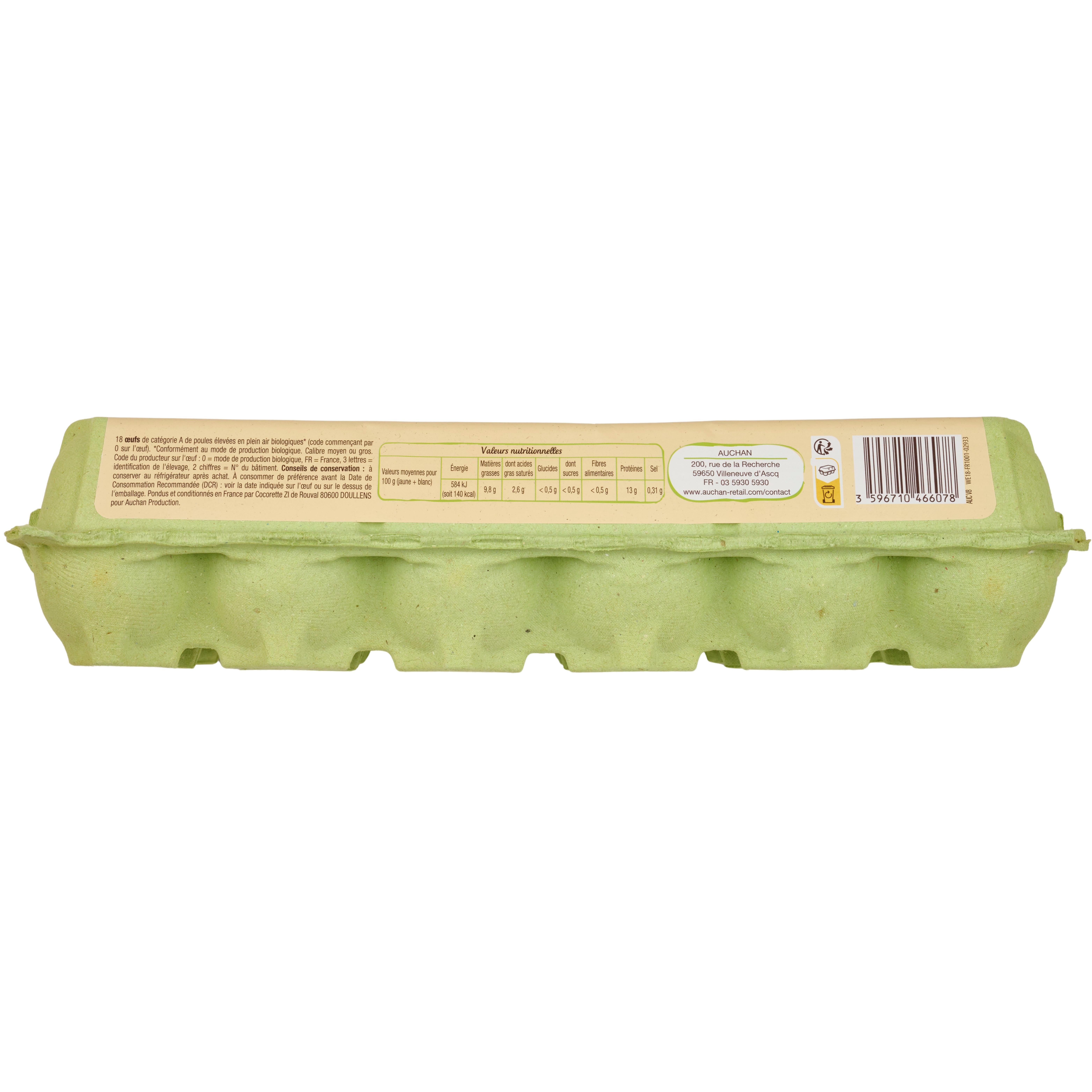 Voir la diapositive 3 : AUCHAN SOLIDAIRES BIO CULTIVONS LE BON Oeufs de poules élevées en plein air 18 pièces