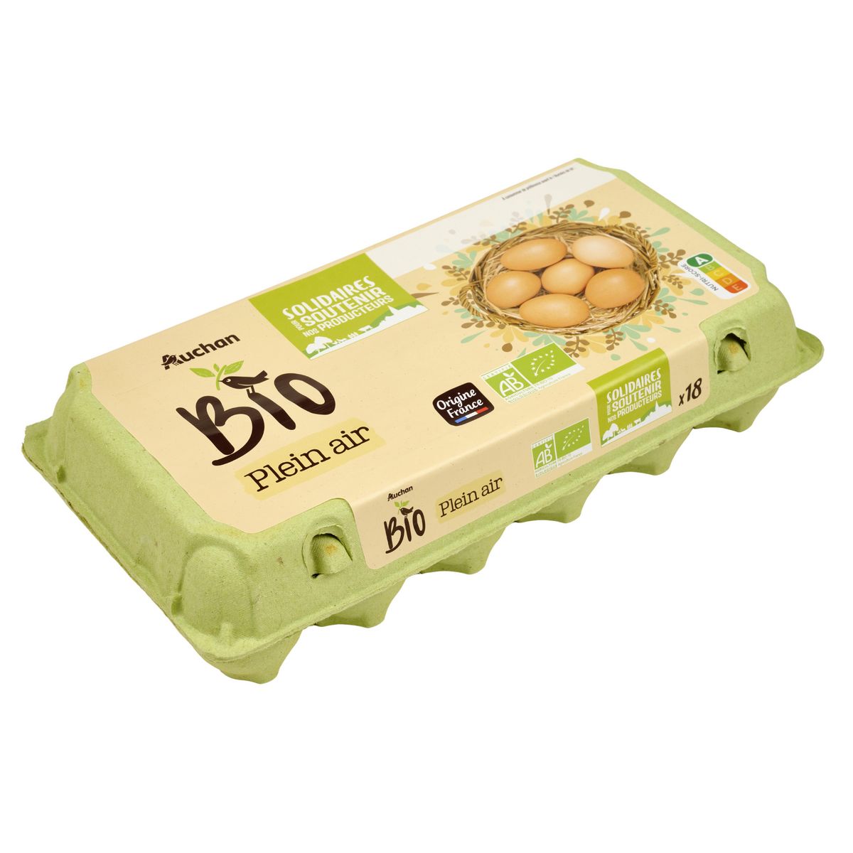 AUCHAN SOLIDAIRES BIO CULTIVONS LE BON Œufs de poules élevées en plein air 18 œufs
