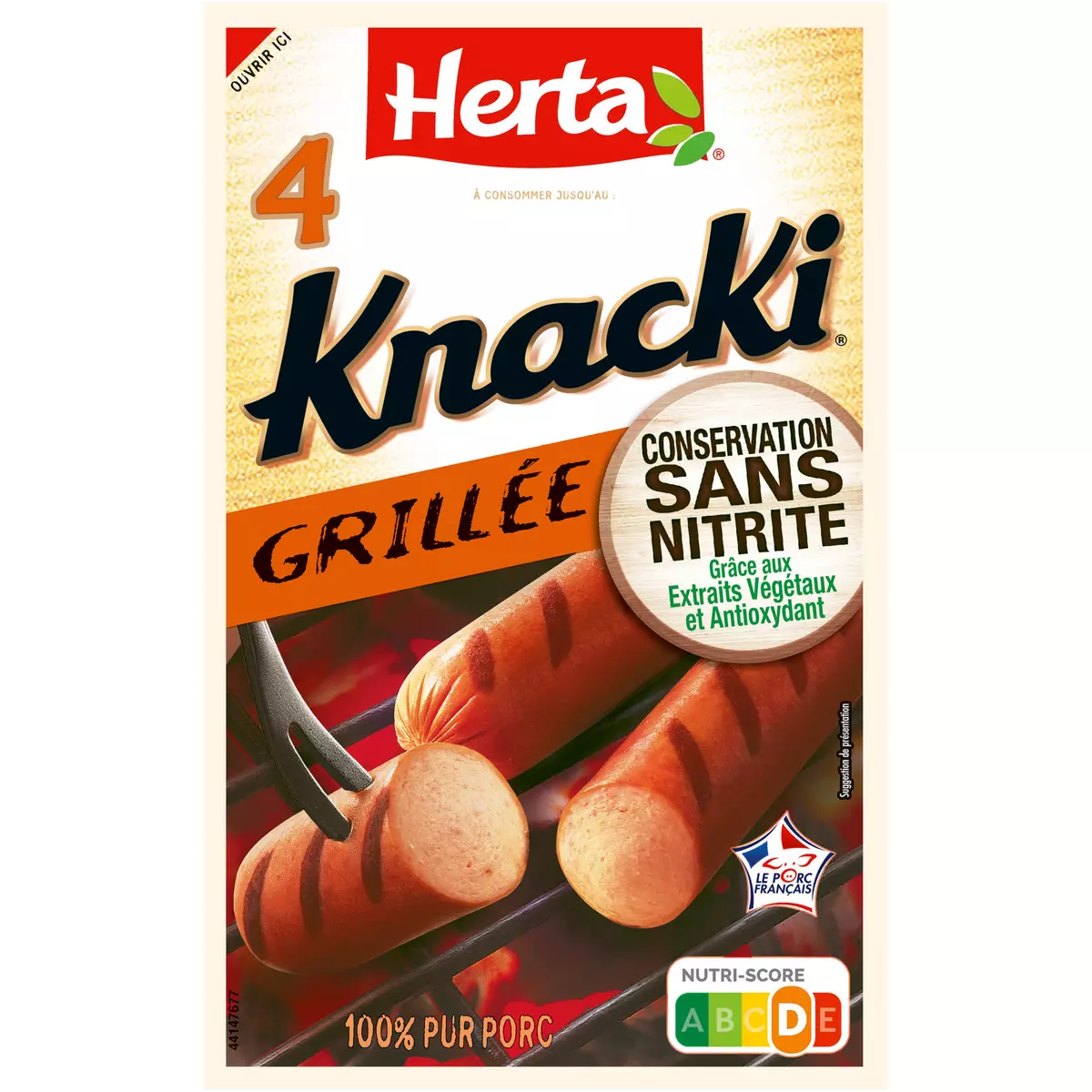 HERTA Knacki grillée saucisse pur porc sans nitrite 4 pièces 280g