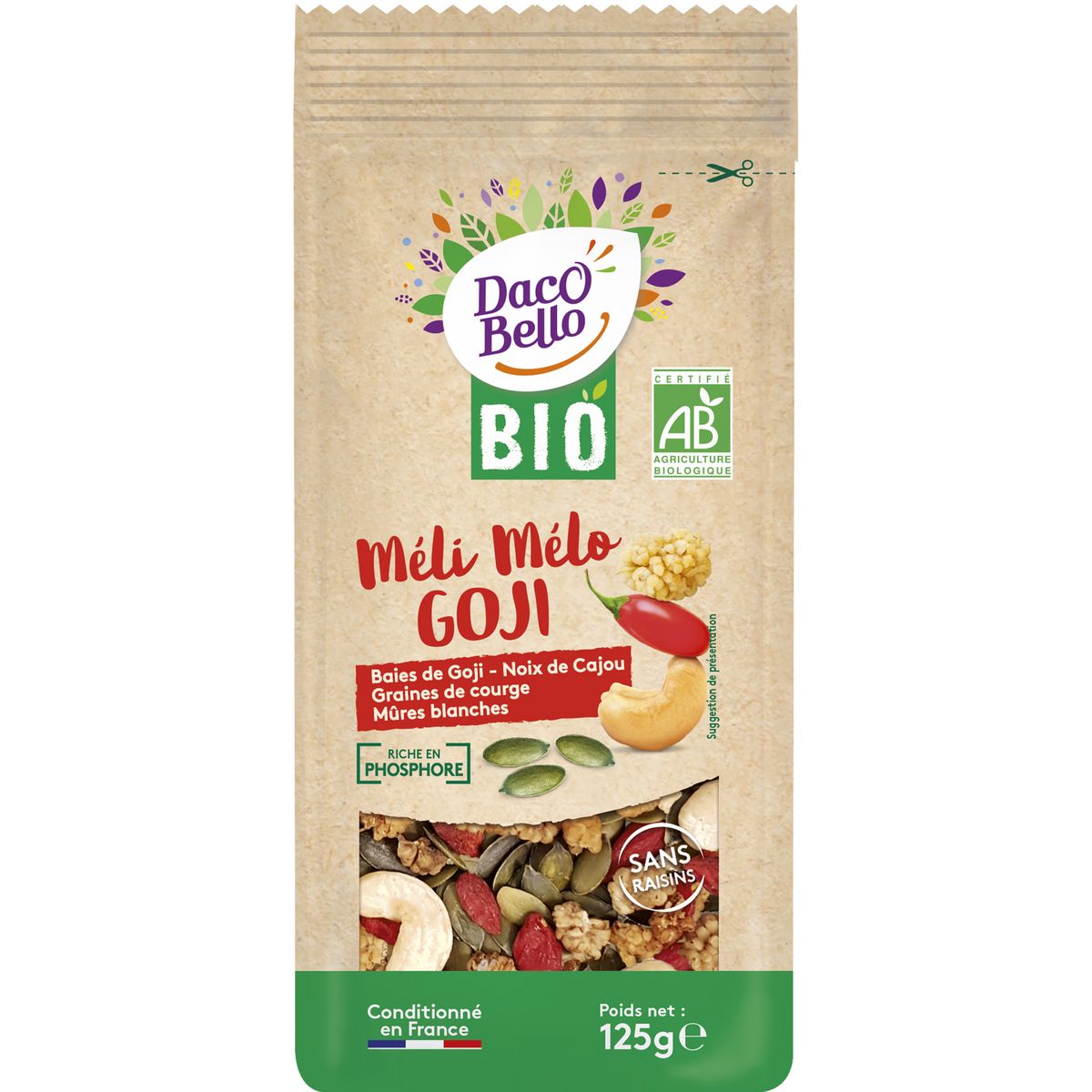 DACO BELLO Méli-mélo bio de goji, cajou, courge et mure 125g