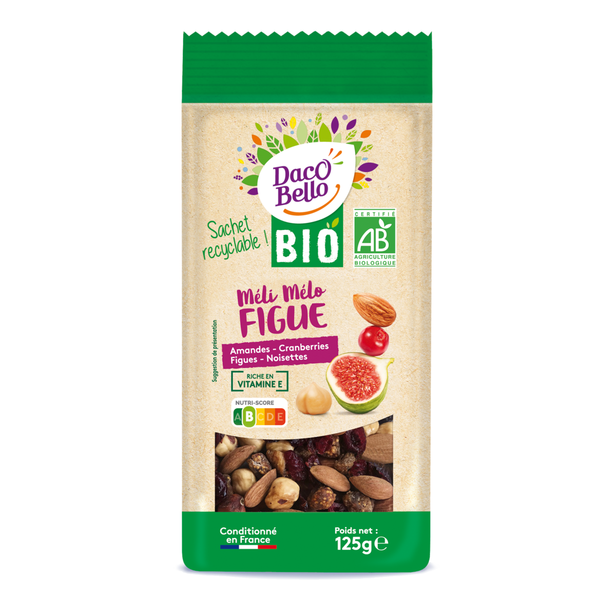 DACO BELLO Méli-mélo bio de figues, amandes, cramberries et noisettes 125g