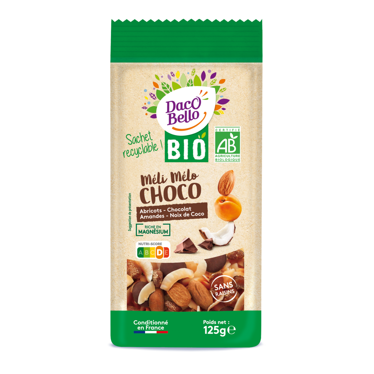 DACO BELLO Méli-mélo bio de chocolats, abricots, coco et amandes 125g