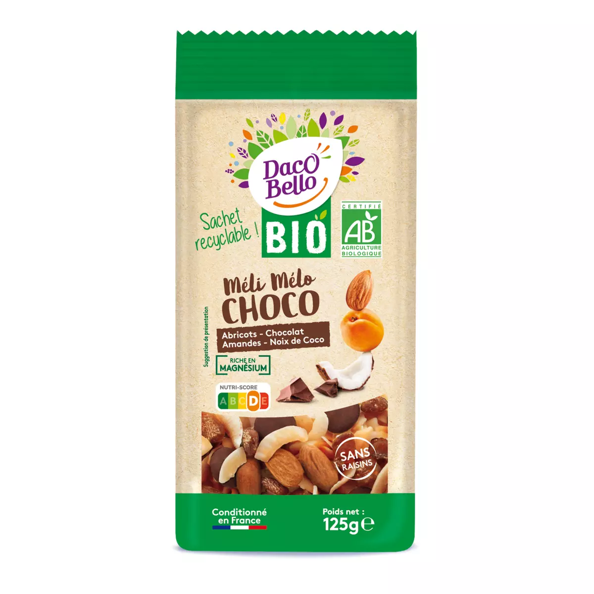 DACO BELLO Méli-mélo bio de chocolats, abricots, coco et amandes 125g