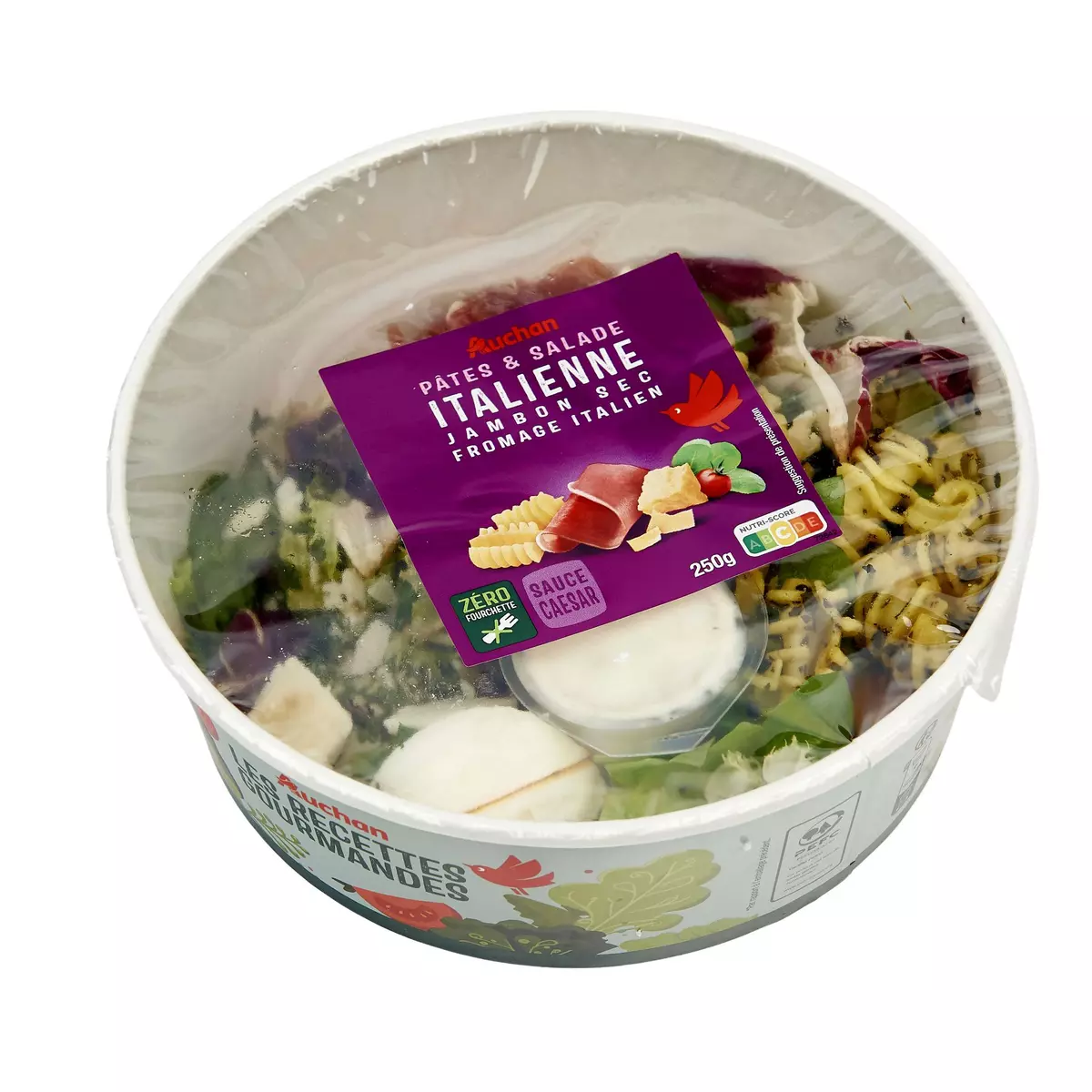 AUCHAN Salade de pâtes italienne jambon sec fromage sans couverts 1 portion 250g