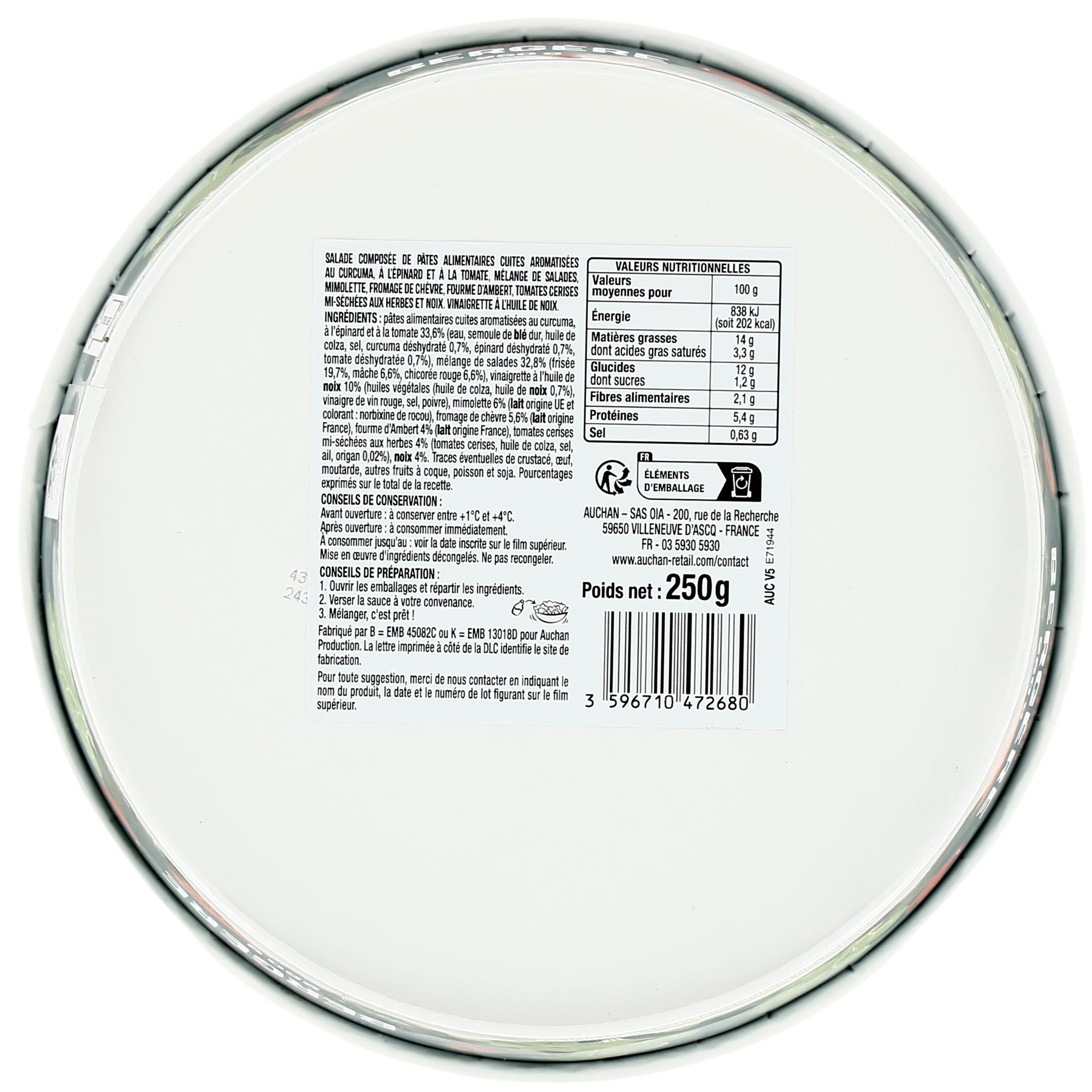 Voir la diapositive 2 : AUCHAN Salade de pâtes bergère aux 3 fromages sans couverts 250g