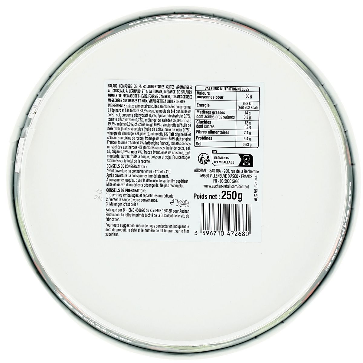 AUCHAN Salade de pâtes bergère aux 3 fromages sans couverts 250g