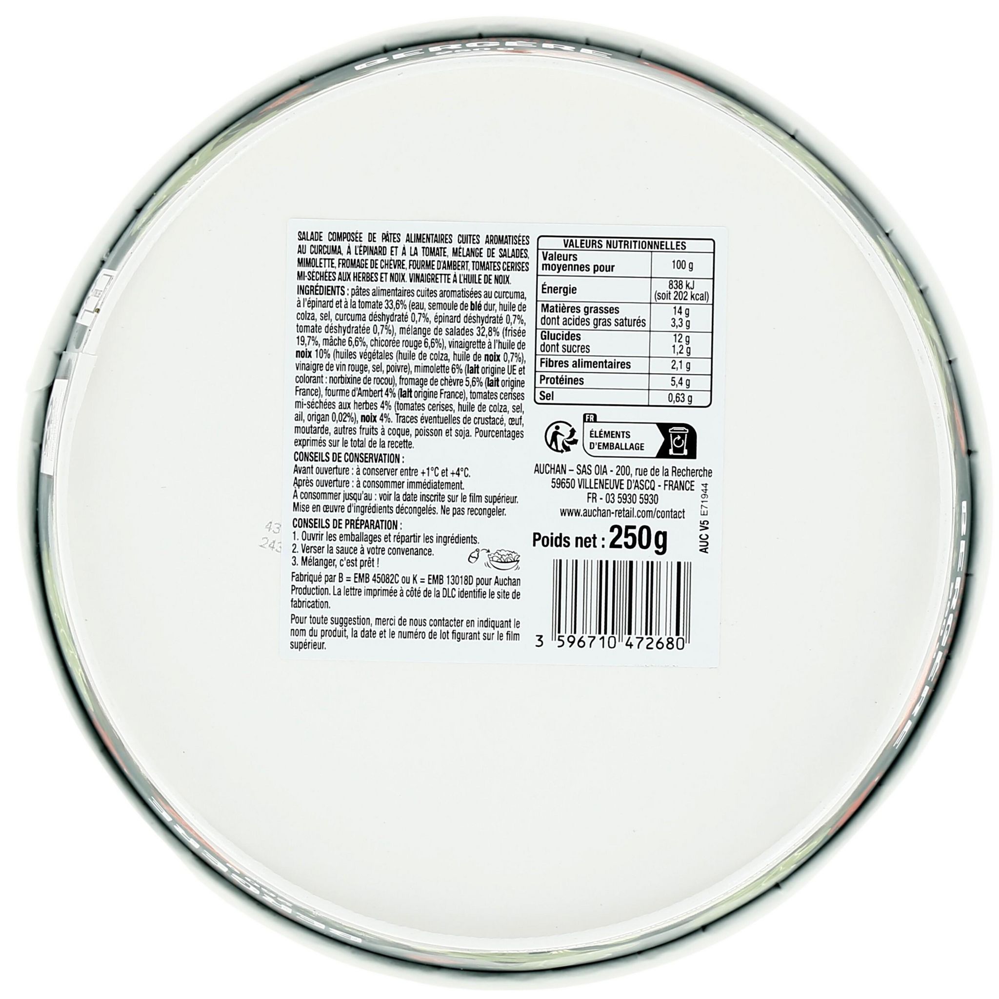 Voir la diapositive 2 : AUCHAN Salade de pâtes bergère aux 3 fromages sans couverts 250g