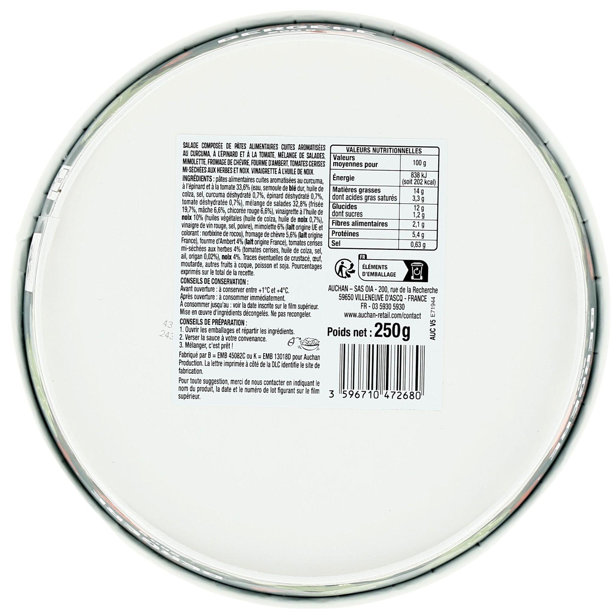 Voir la diapositive 3 : AUCHAN Salade de pâtes bergère aux 3 fromages sans couverts 250g