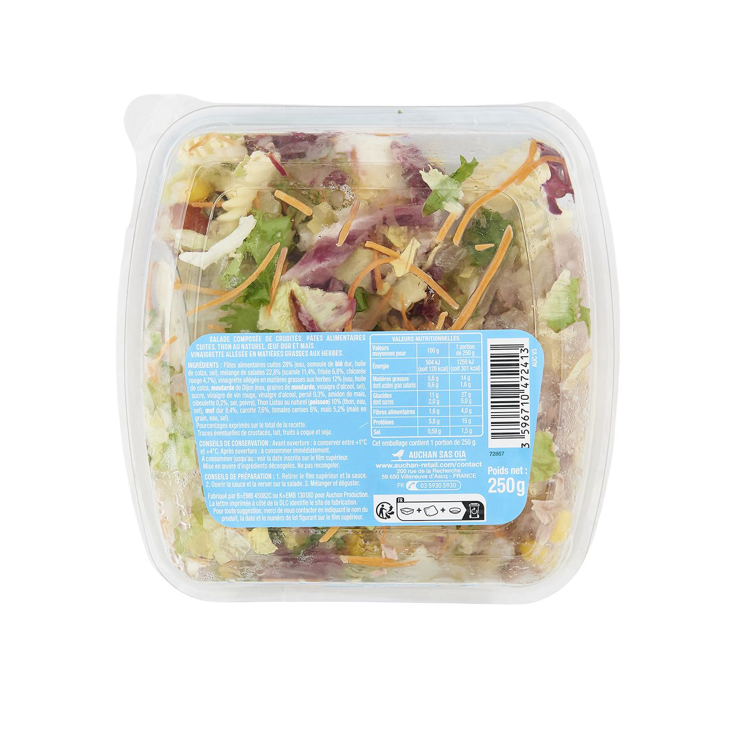Voir la diapositive 3 : AUCHAN Salade de pâtes thon crudités sans couverts 1 part 250g