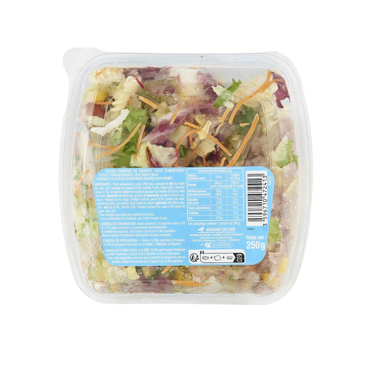 AUCHAN Salade de pâtes thon crudités sans couverts 1 part 250g