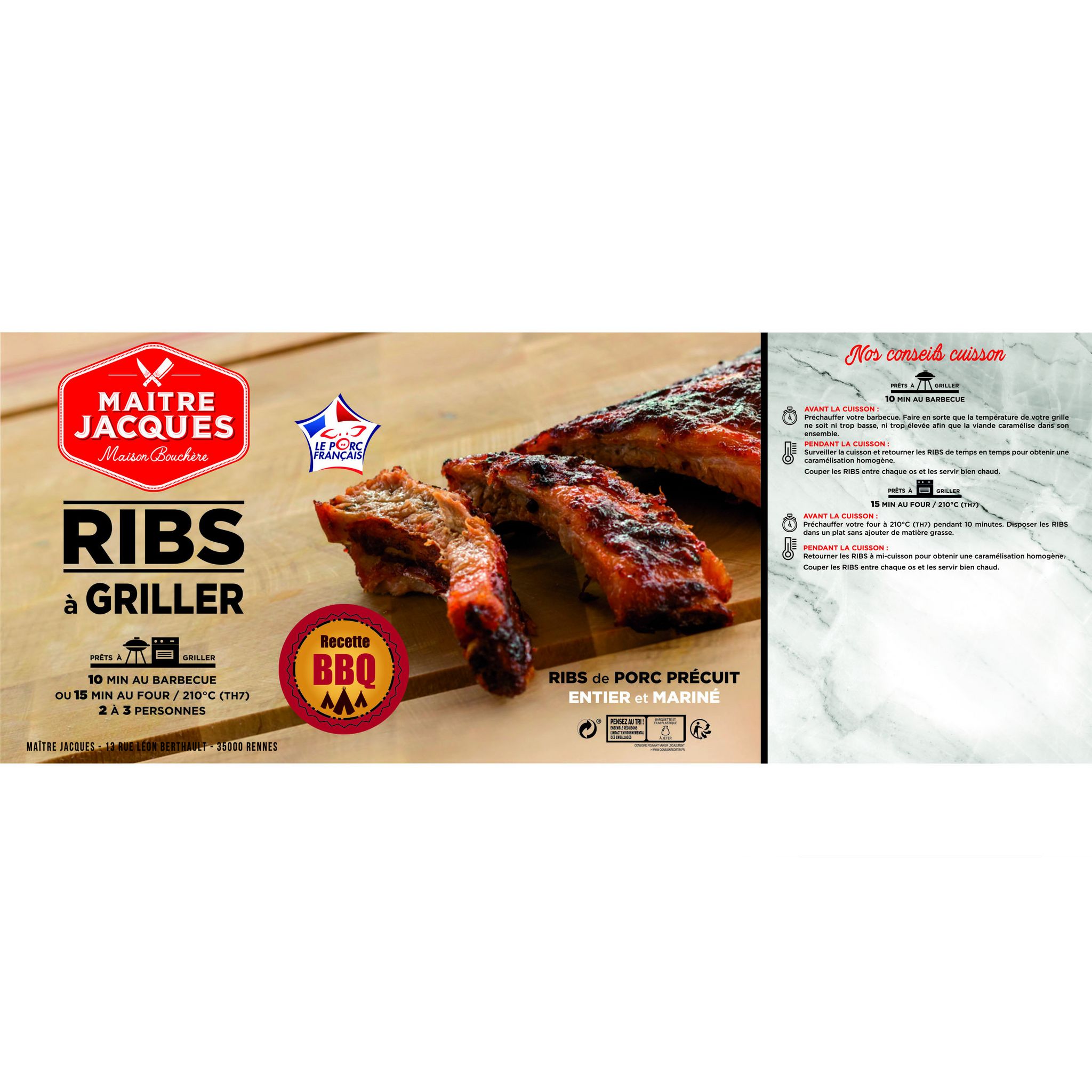 Voir la diapositive 2 : MAITRE JACQUES Ribs de porc précuit à griller au barbecue 2 à 3 personnes 1kg