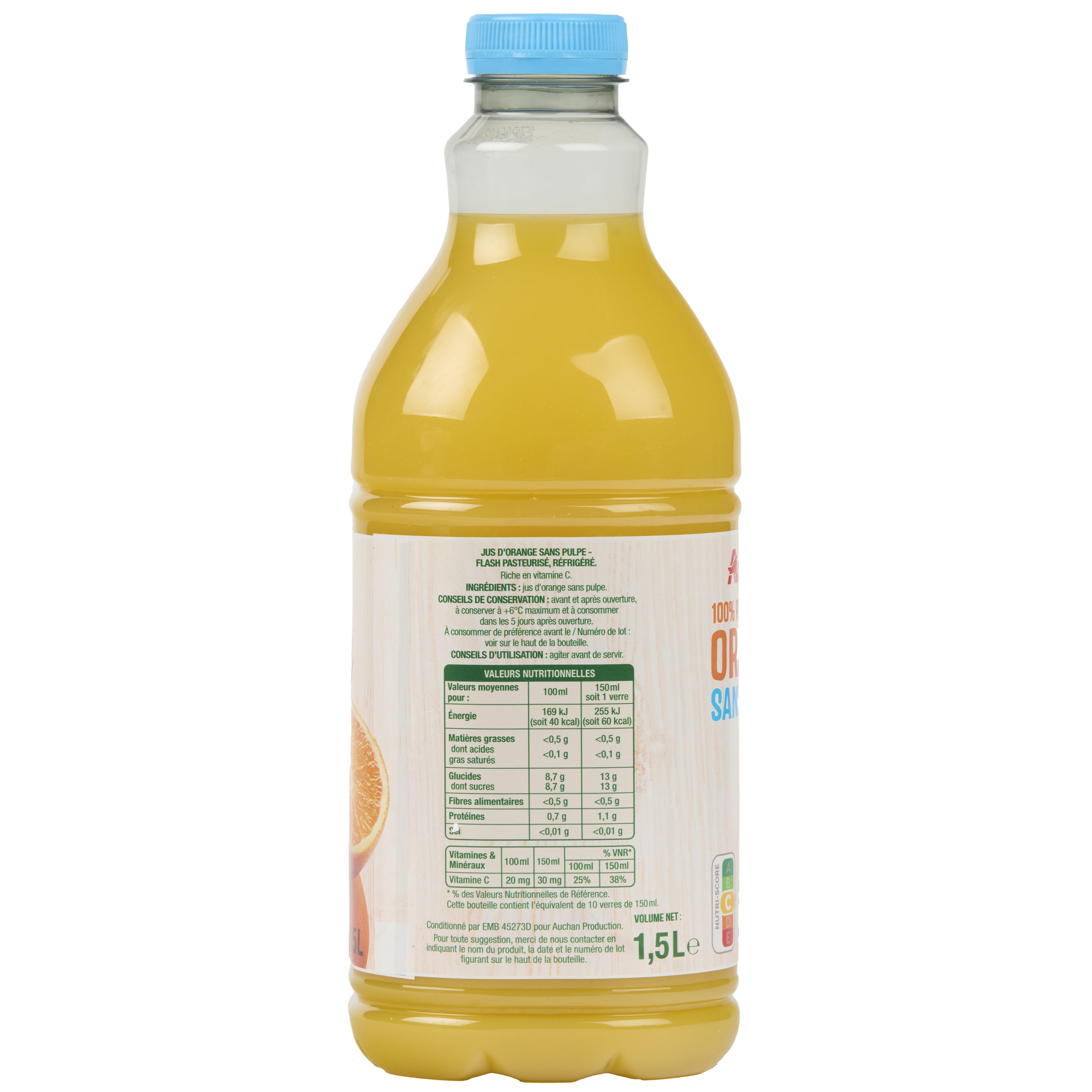 Voir la diapositive 2 : AUCHAN Pur jus d'orange sans pulpe 1,5L