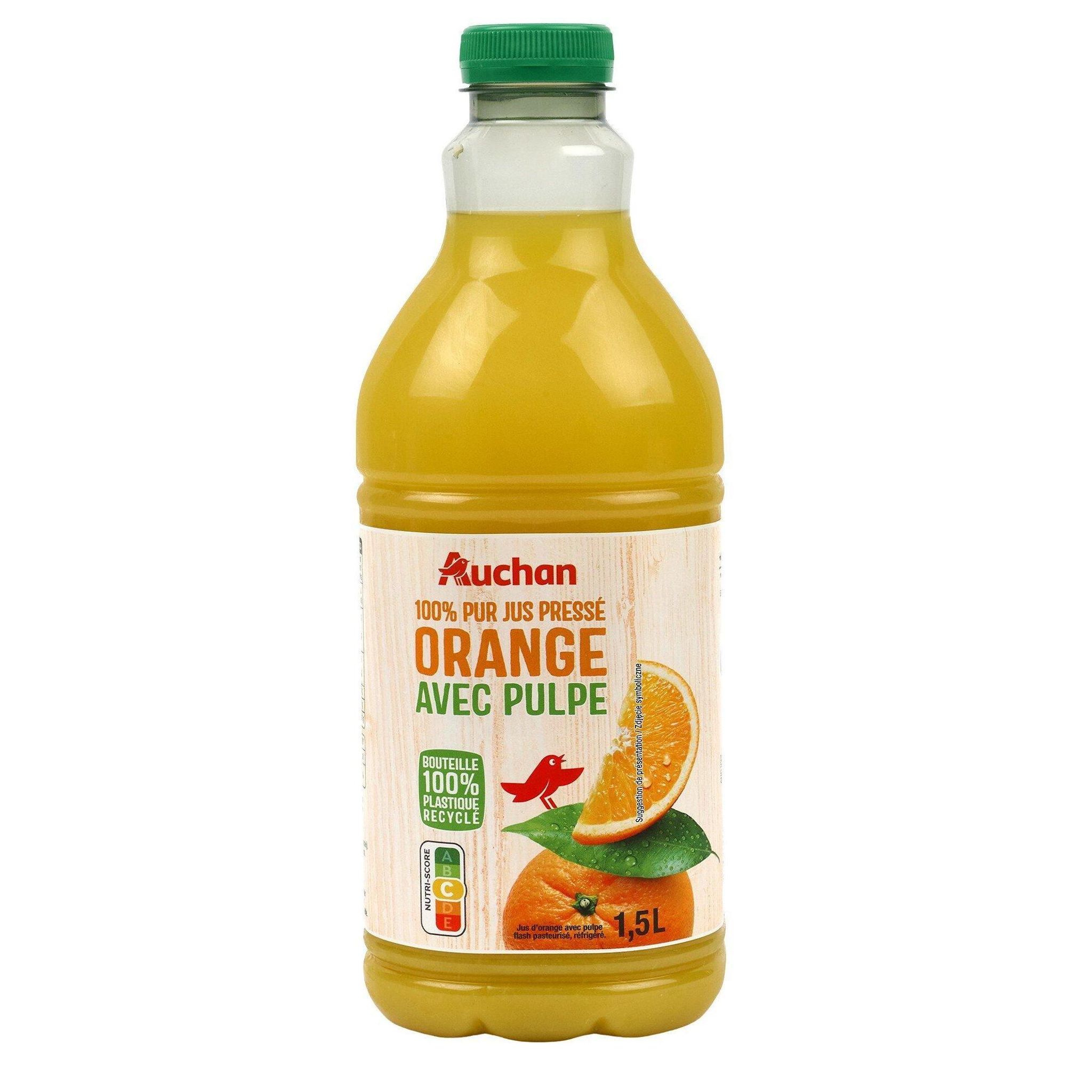 Voir la diapositive 2 : AUCHAN Pur jus d'orange avec pulpe 1,5L