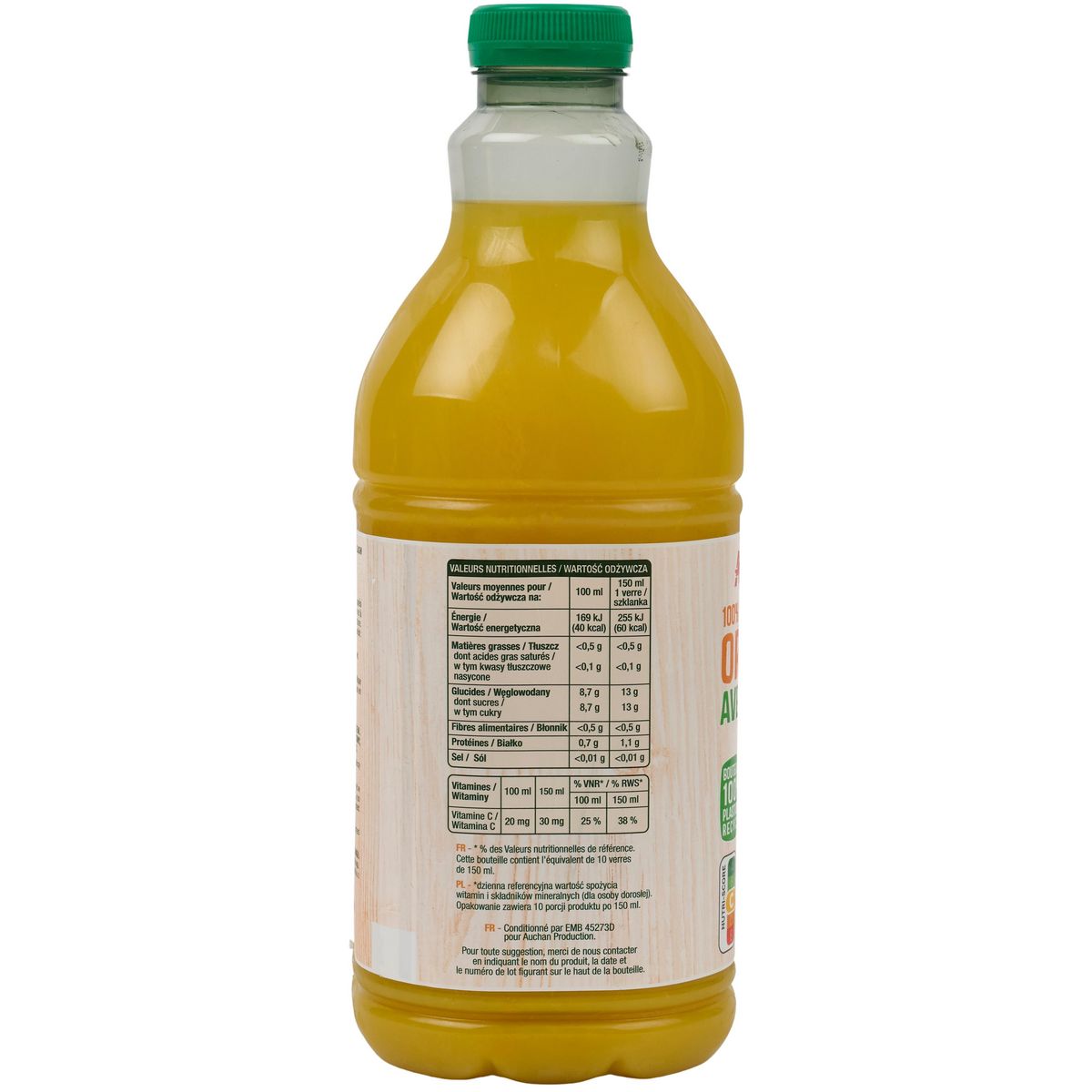 AUCHAN Pur jus d'orange avec pulpe 1,5L