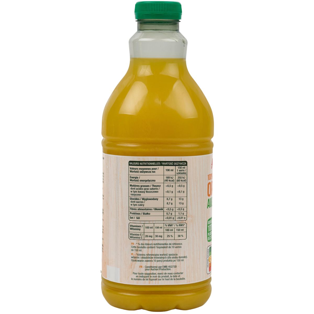 AUCHAN Pur jus d'orange avec pulpe 1,5L