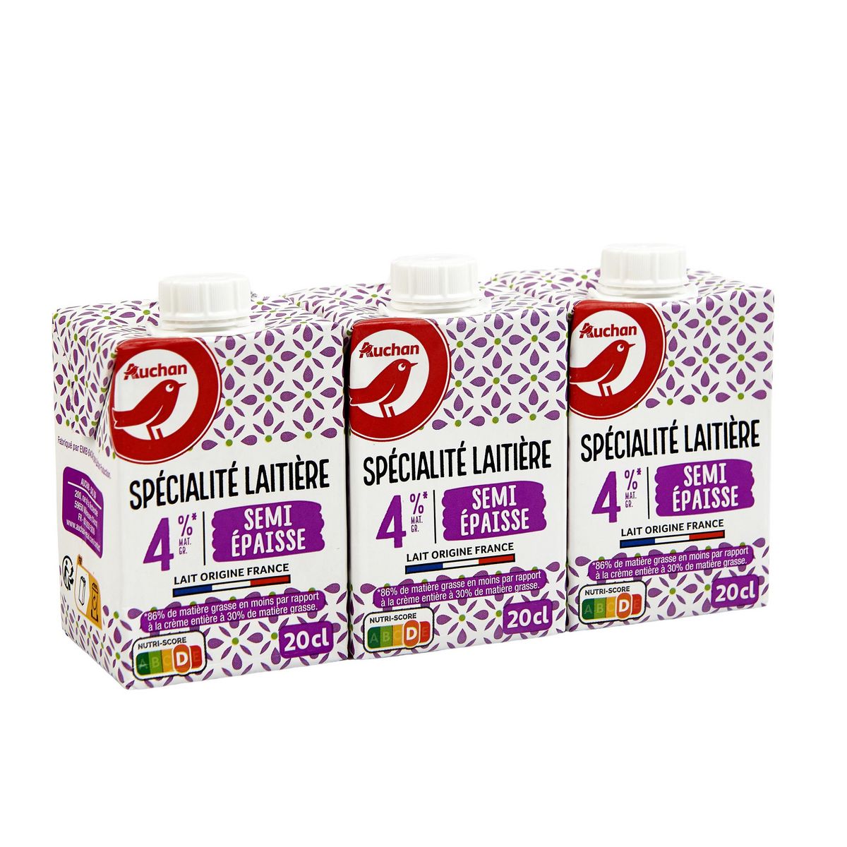 AUCHAN Spécialité laitière semi épaisse 4% MG UHT 3x20cl