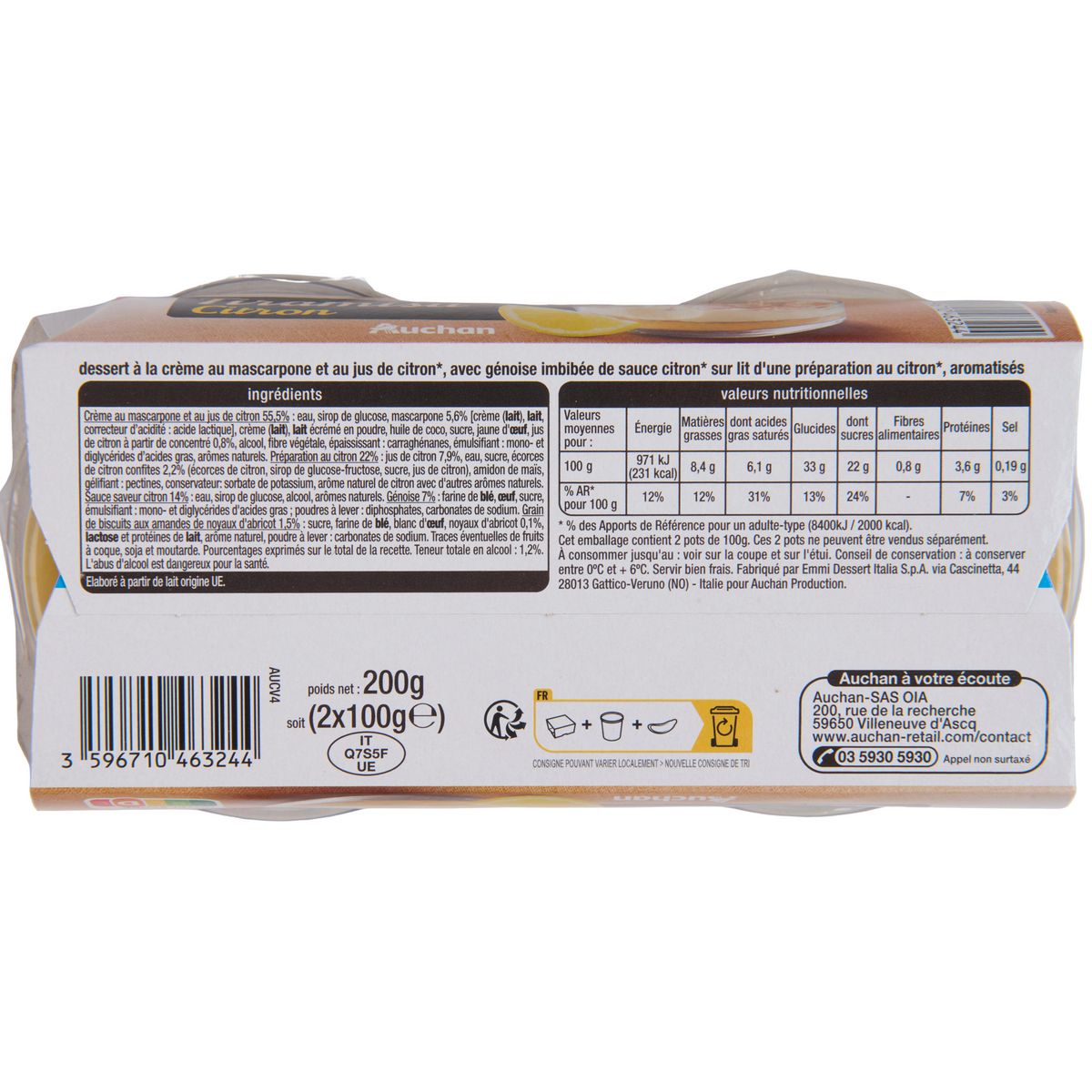 AUCHAN Tiramisu au citron 2x100g
