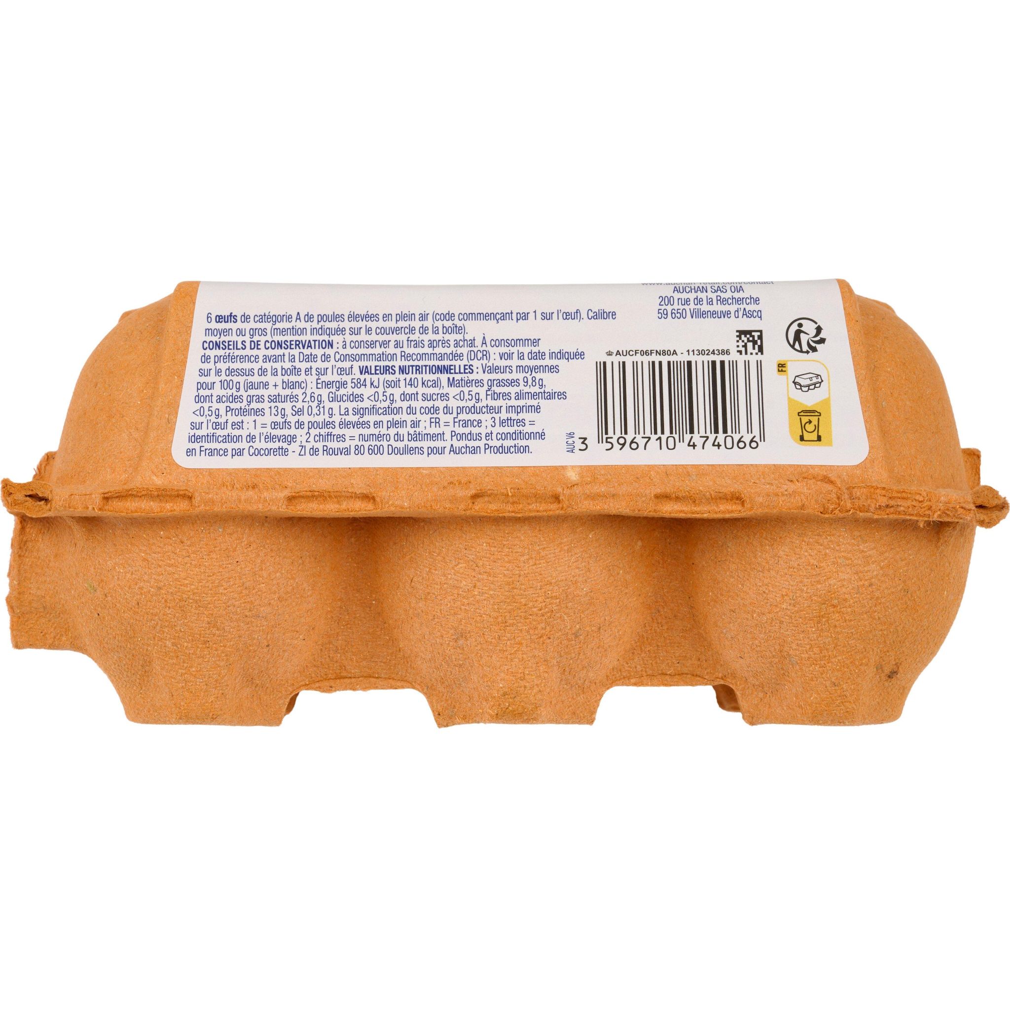 Voir la diapositive 2 : AUCHAN Oeufs de poules élevées en plein air sans antibiotique 6 pièces