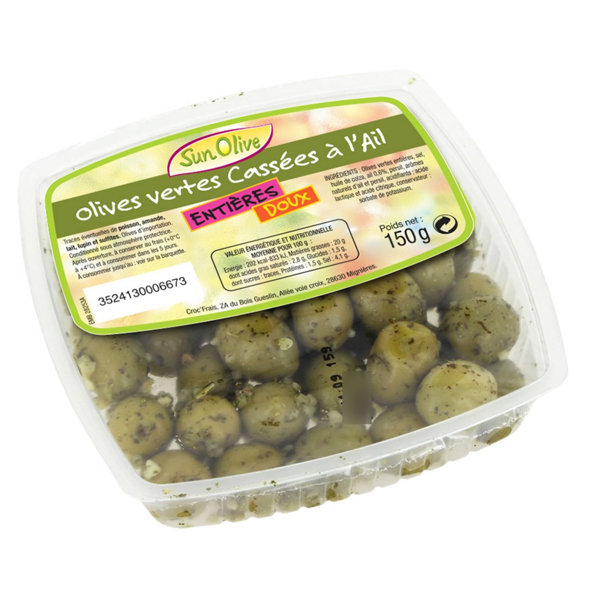 SUN OLIVE Olives vertes entières cassées à l'Ail doux  150g
