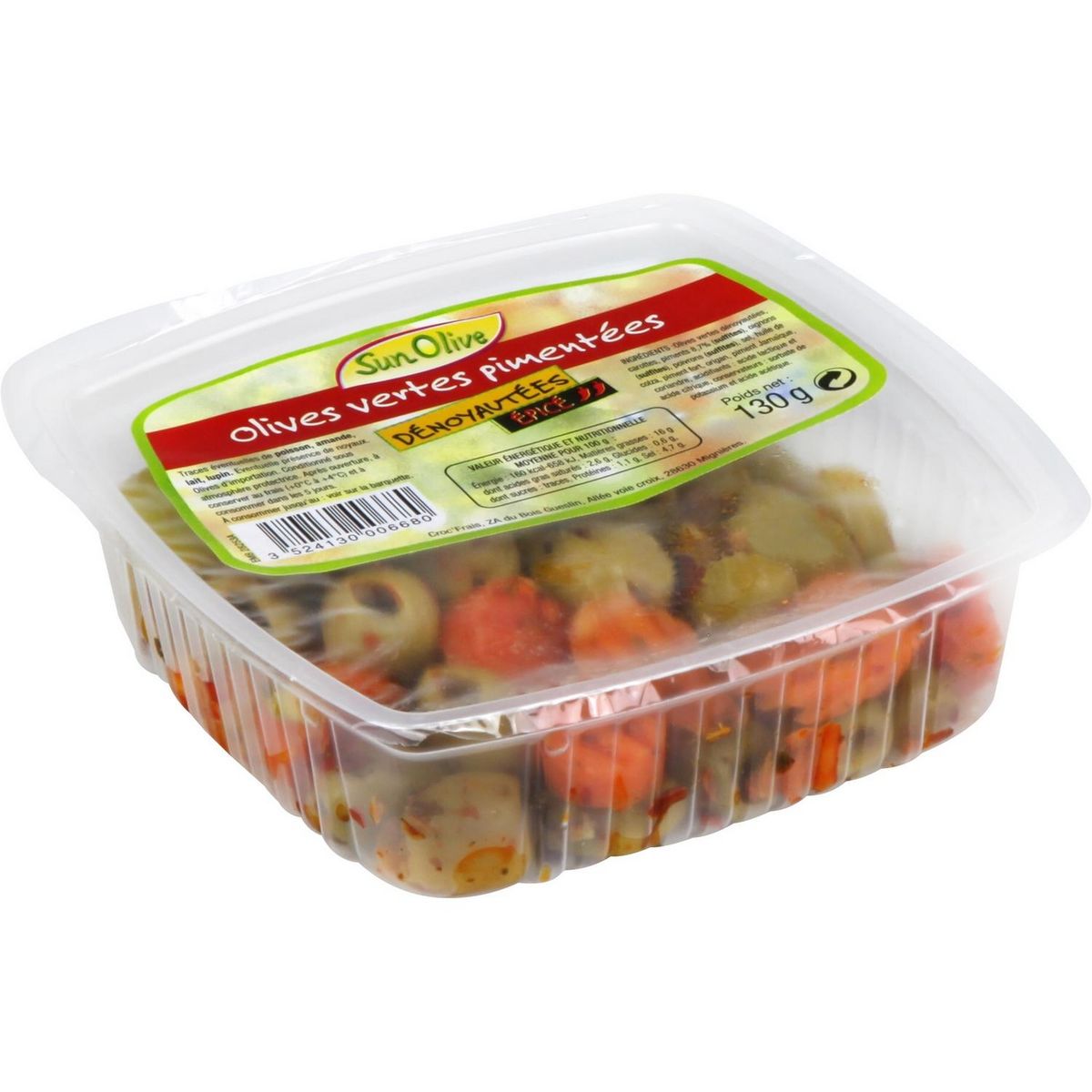 SUN OLIVE  Olives vertes dénoyautées pimentées 130g