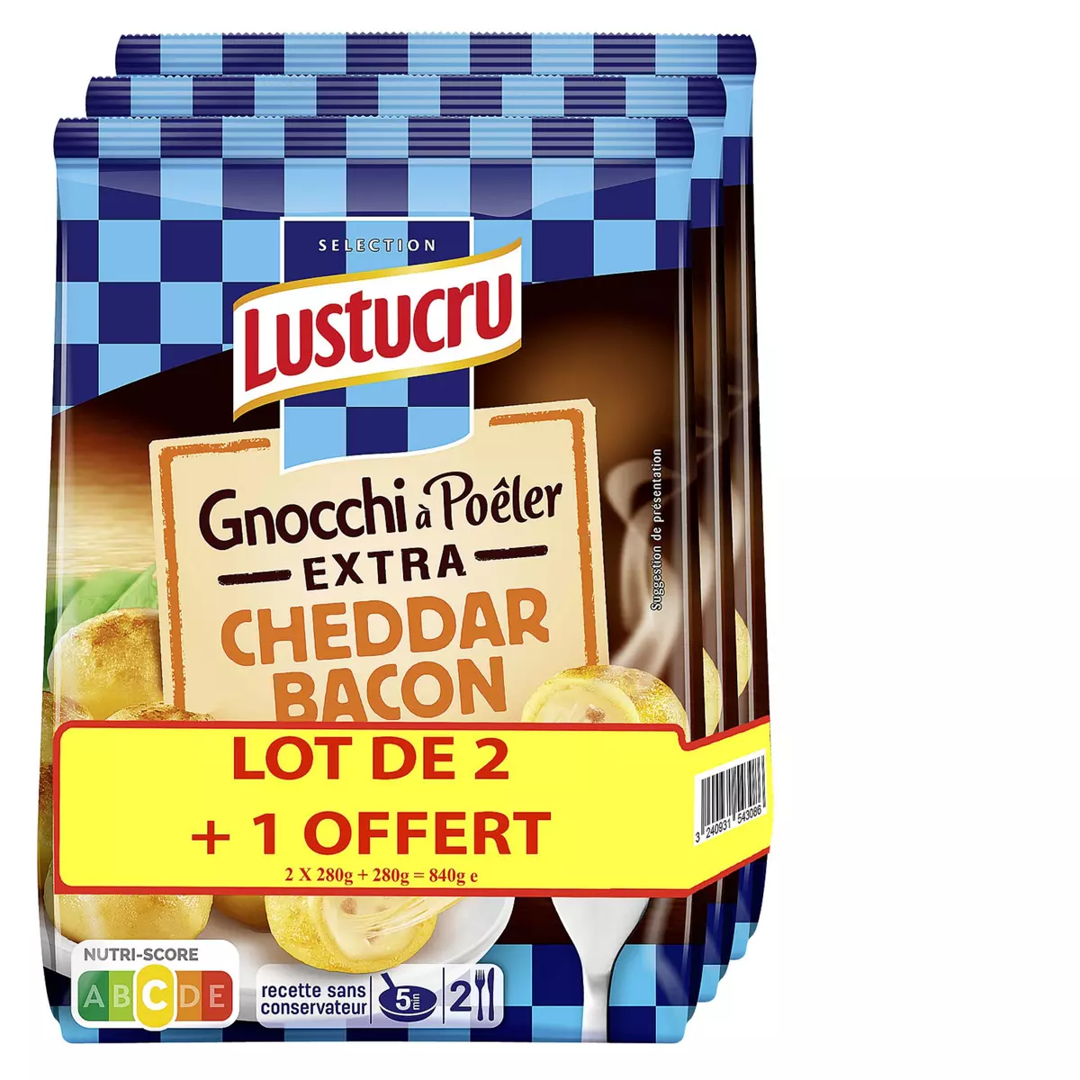 LUSTUCRU Gnocchi à poêler au cheddar, bacon et mozzarella 2+1 offert 3x280g
