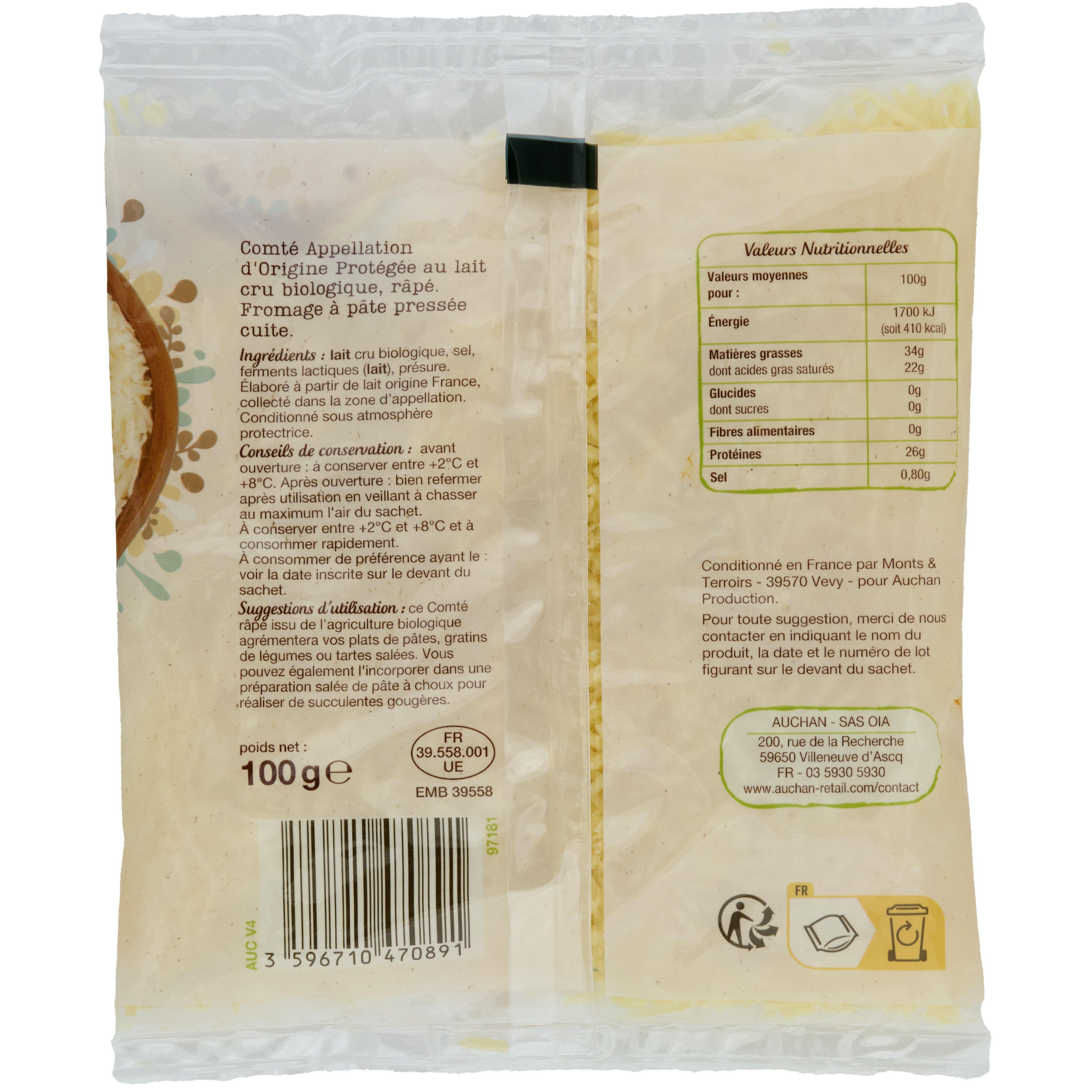 Voir la diapositive 3 : AUCHAN BIO Comté râpé AOP 100g