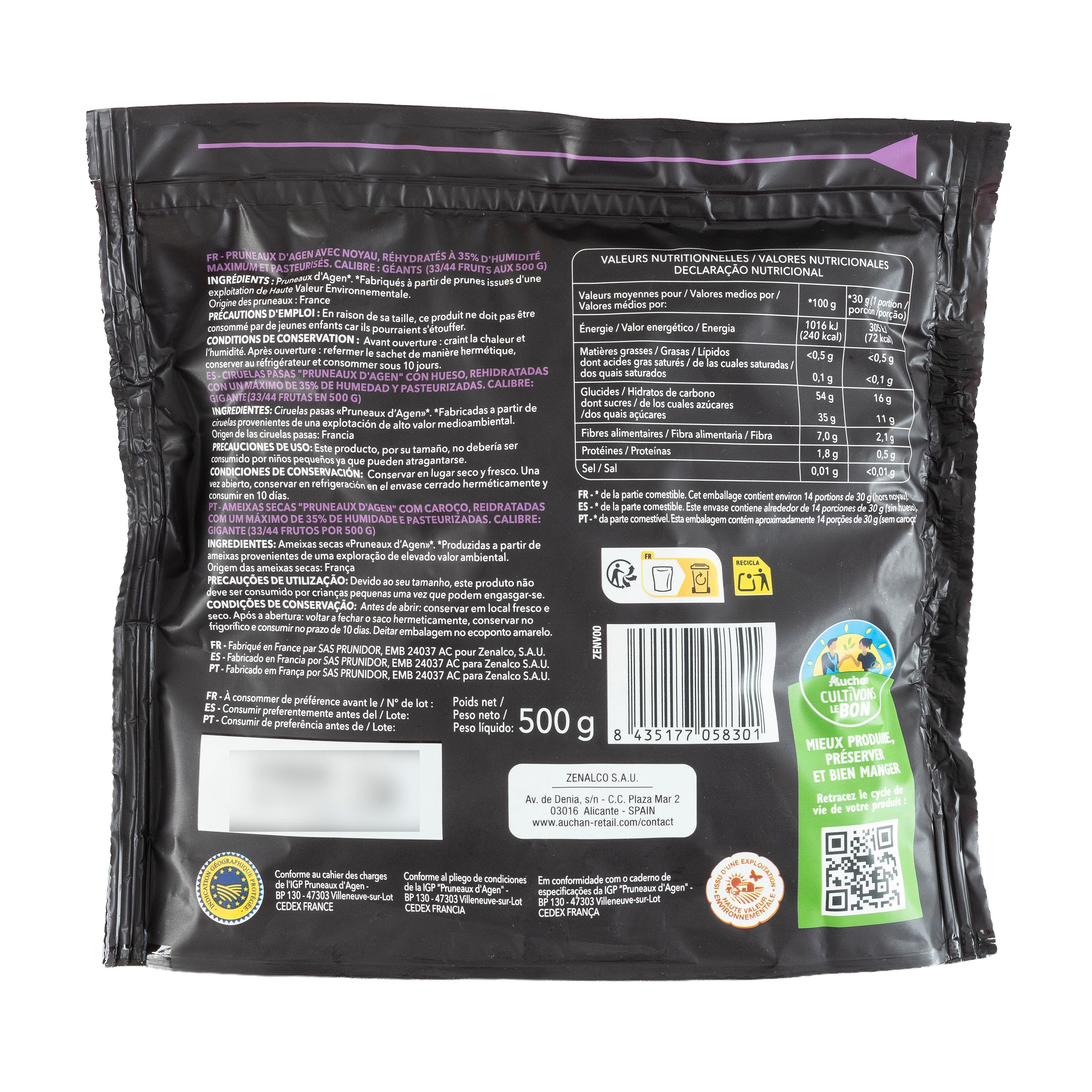 Voir la diapositive 2 : AUCHAN TERROIR CULTIVONS LE BON Pruneaux d'Agen avec noyau 500g