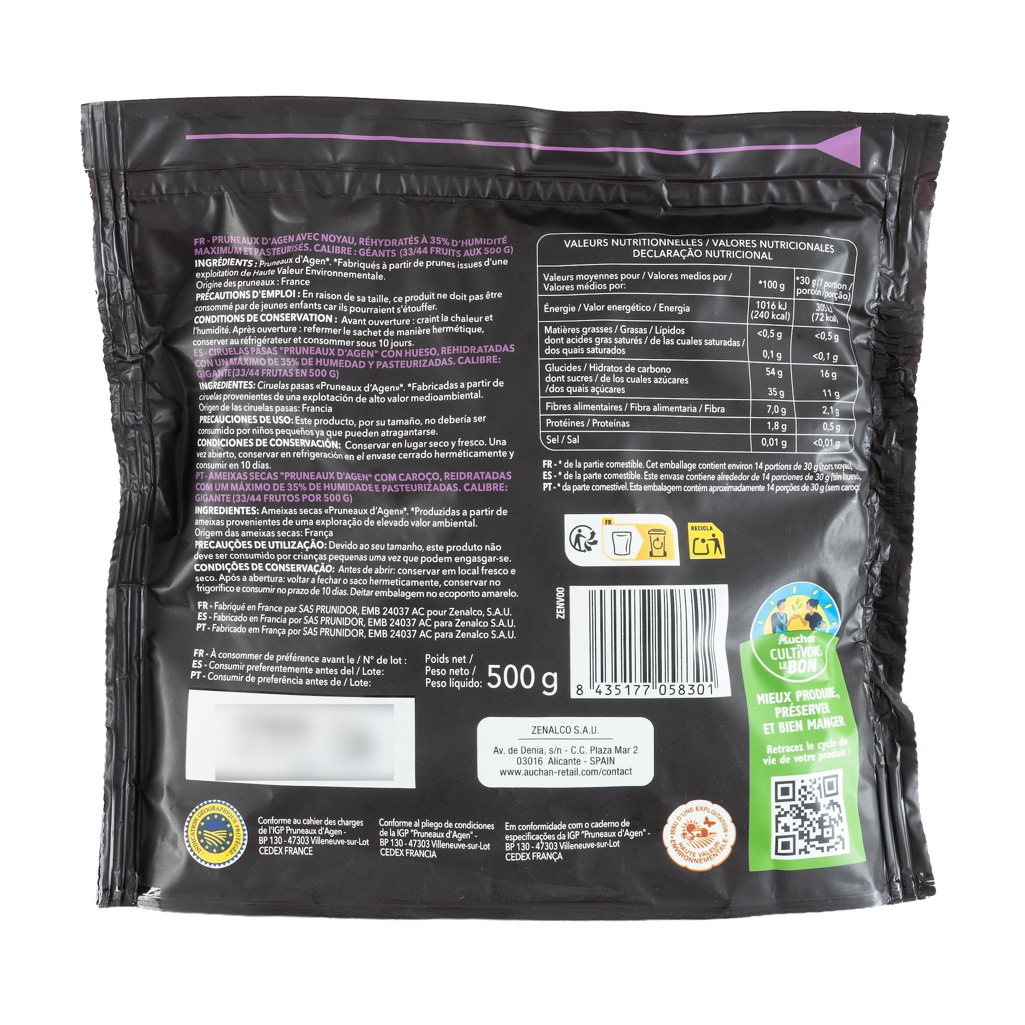 Voir la diapositive 2 : AUCHAN TERROIR CULTIVONS LE BON Pruneaux d'Agen avec noyau 500g