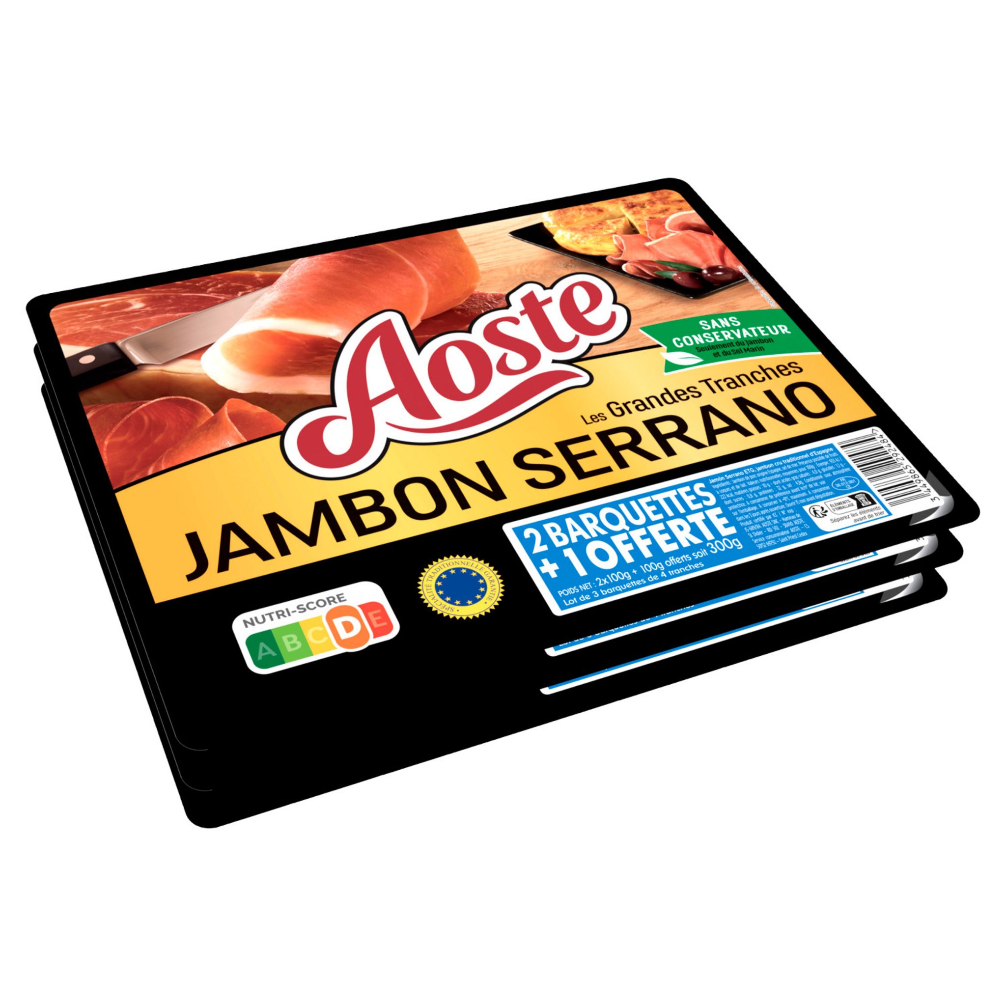 Voir la diapositive 2 : AOSTE Les grandes tranches jambon serrano dégraissés 2+1 offert 3x100g