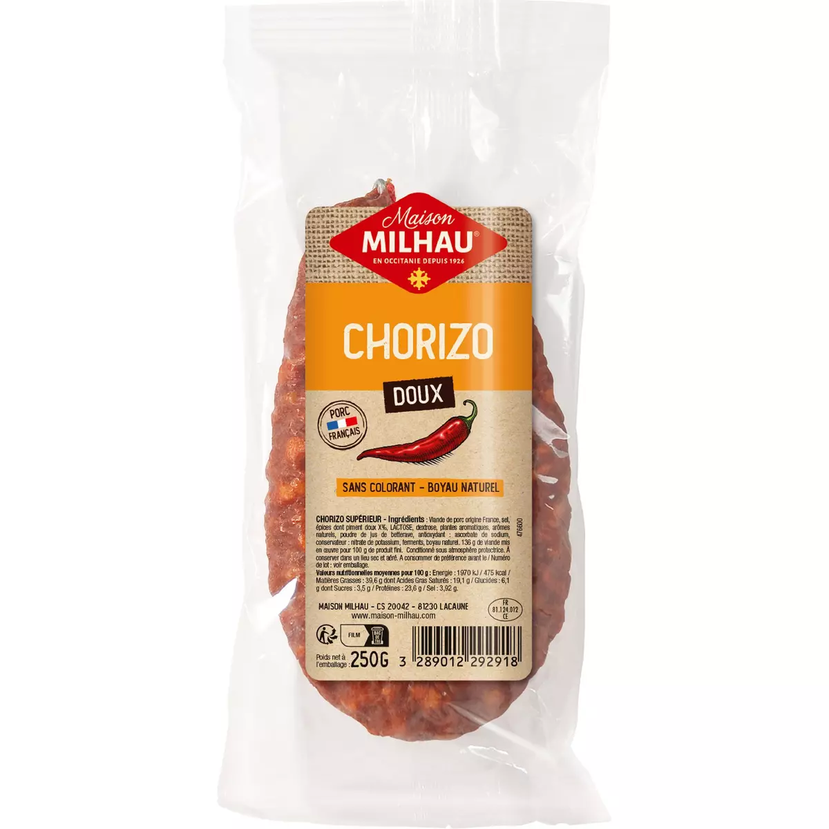 MAISON MILHAU Chorizo doux supérieur sans colorant et boyau naturel 250g