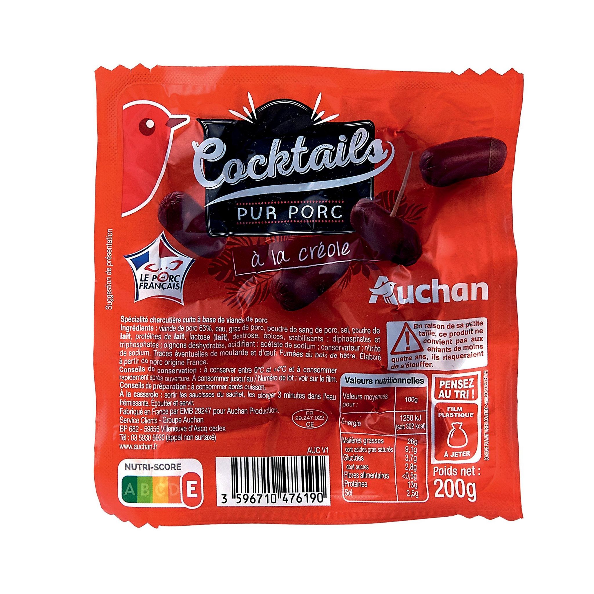 Voir la diapositive 2 : AUCHAN Saucisses cocktails à la créole 200g