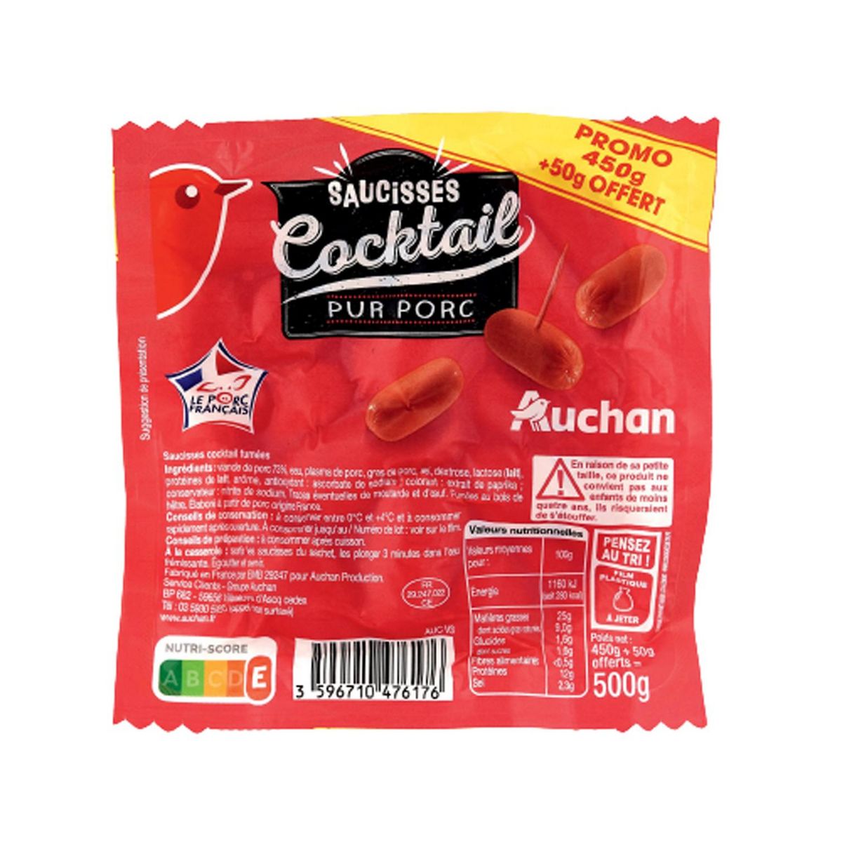 AUCHAN Saucisses cocktail pur porc 450g + 50g offert 500g