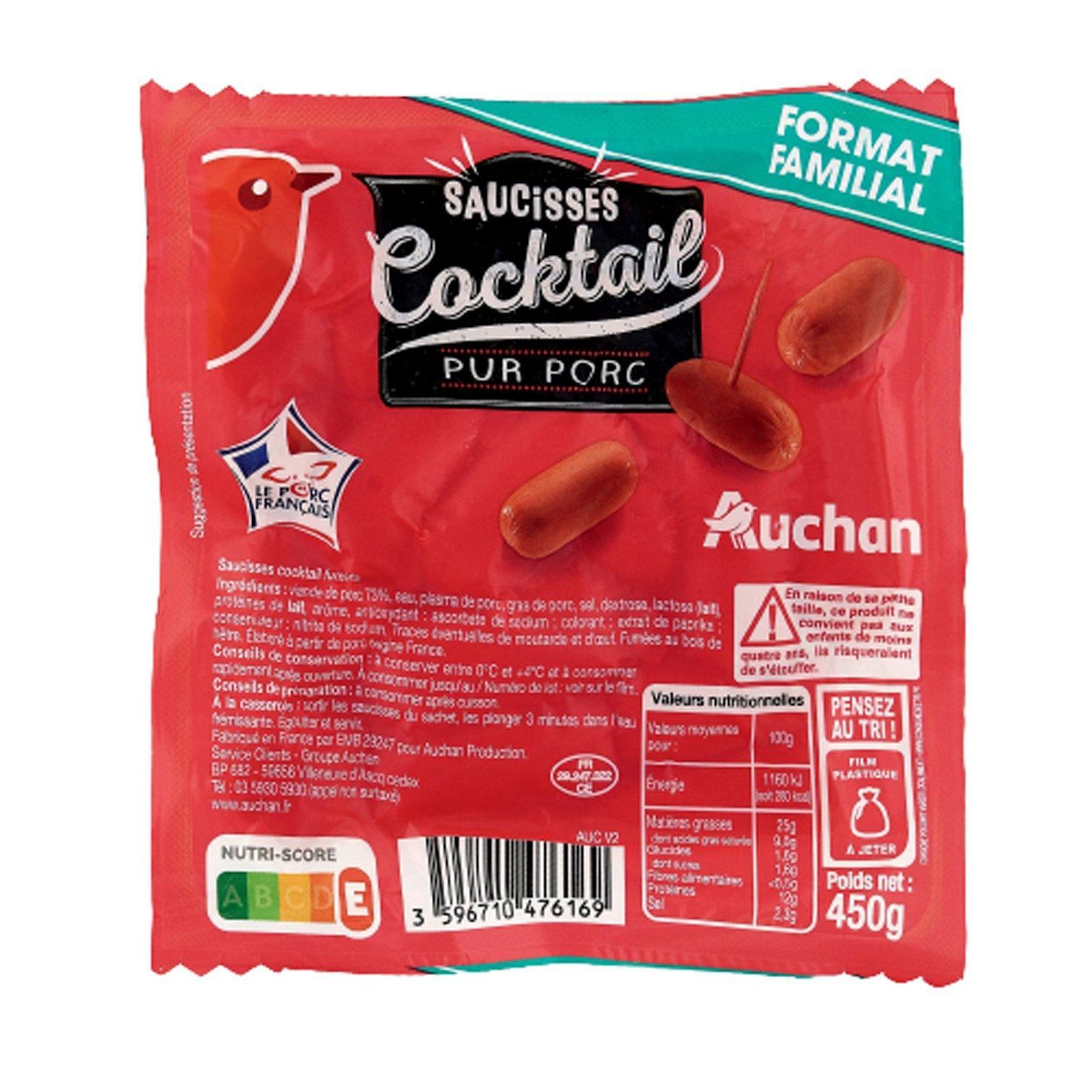 Voir la diapositive 2 : AUCHAN Saucisses cocktail 450g