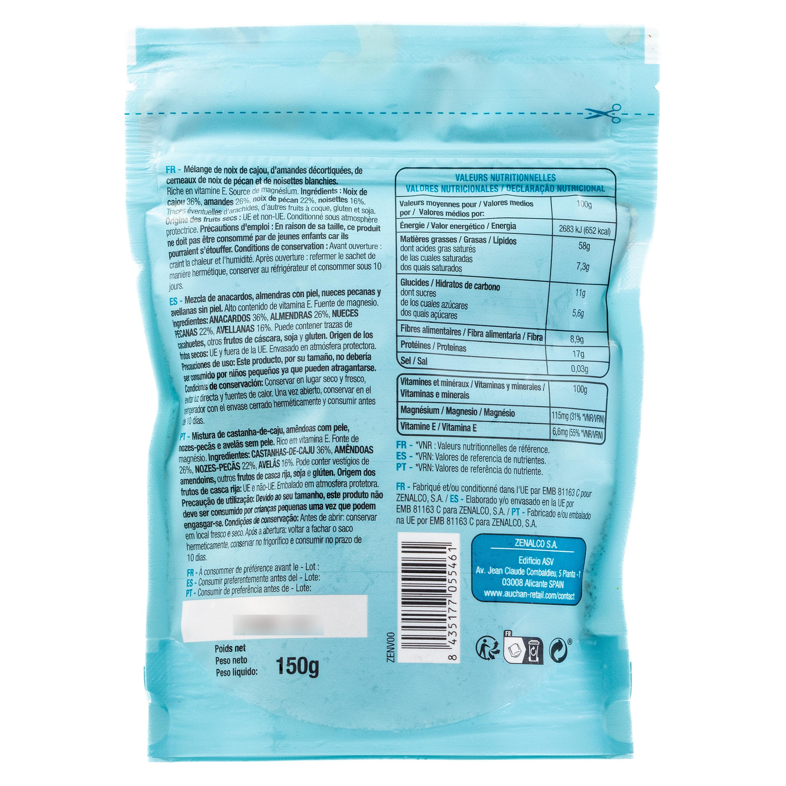 Voir la diapositive 2 : AUCHAN Mix sélection noix de cajou amandes noix de pécan noisettes 150g