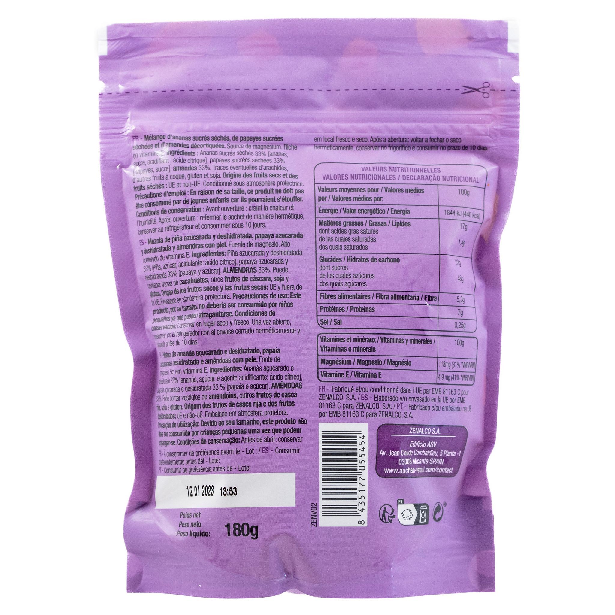 Voir la diapositive 2 : AUCHAN Mix tropical ananas papayes amandes 180g