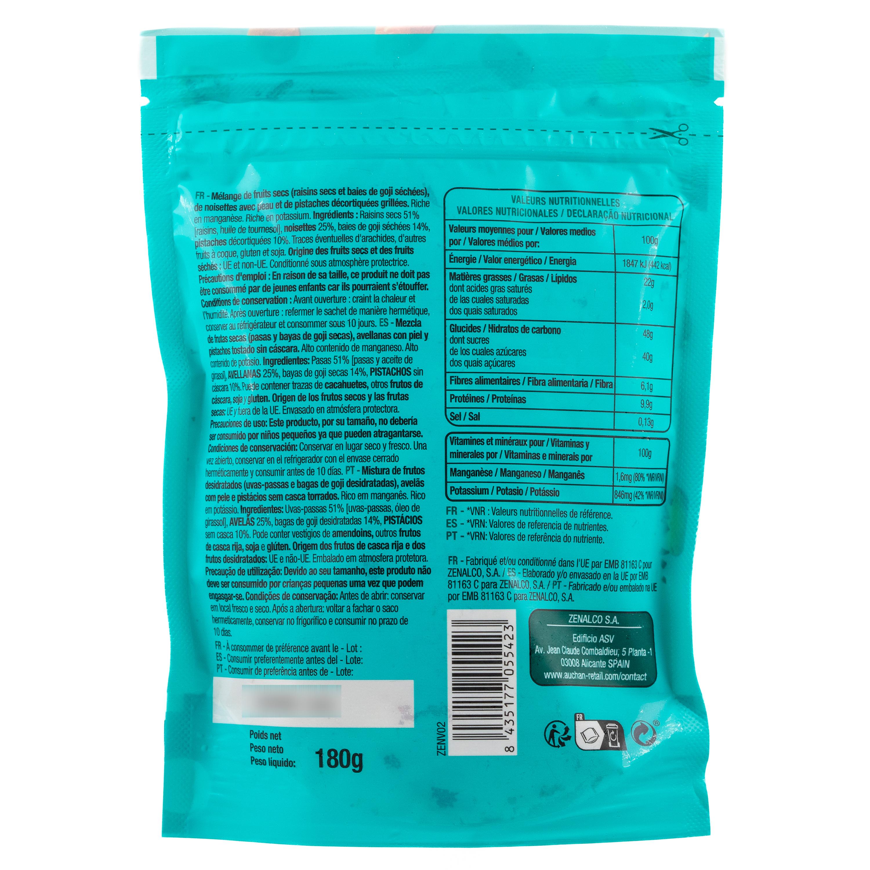 Voir la diapositive 2 : AUCHAN Mix délice raisins secs noisettes baies de goji pistaches 180g